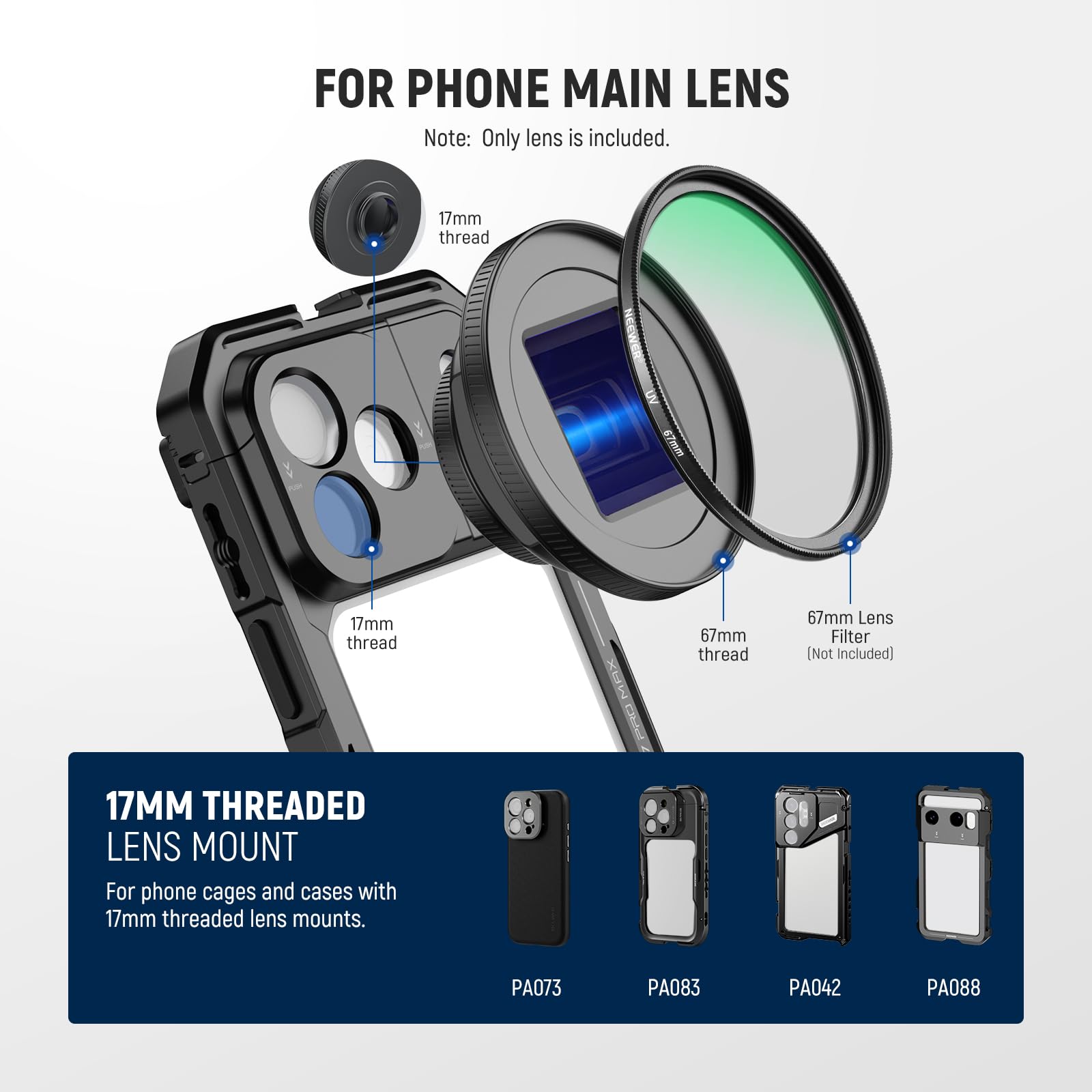 NEEWER 1,55 x niebieska flara anamorficzny obiektyw aparatu do telefonu z 17 mm gwintowanym klipsem, 4 elementy, 4 grupy, 2,4:1, szeroki ekran, kinowy, mobilny efekt fotograficzny, kompatybilny z