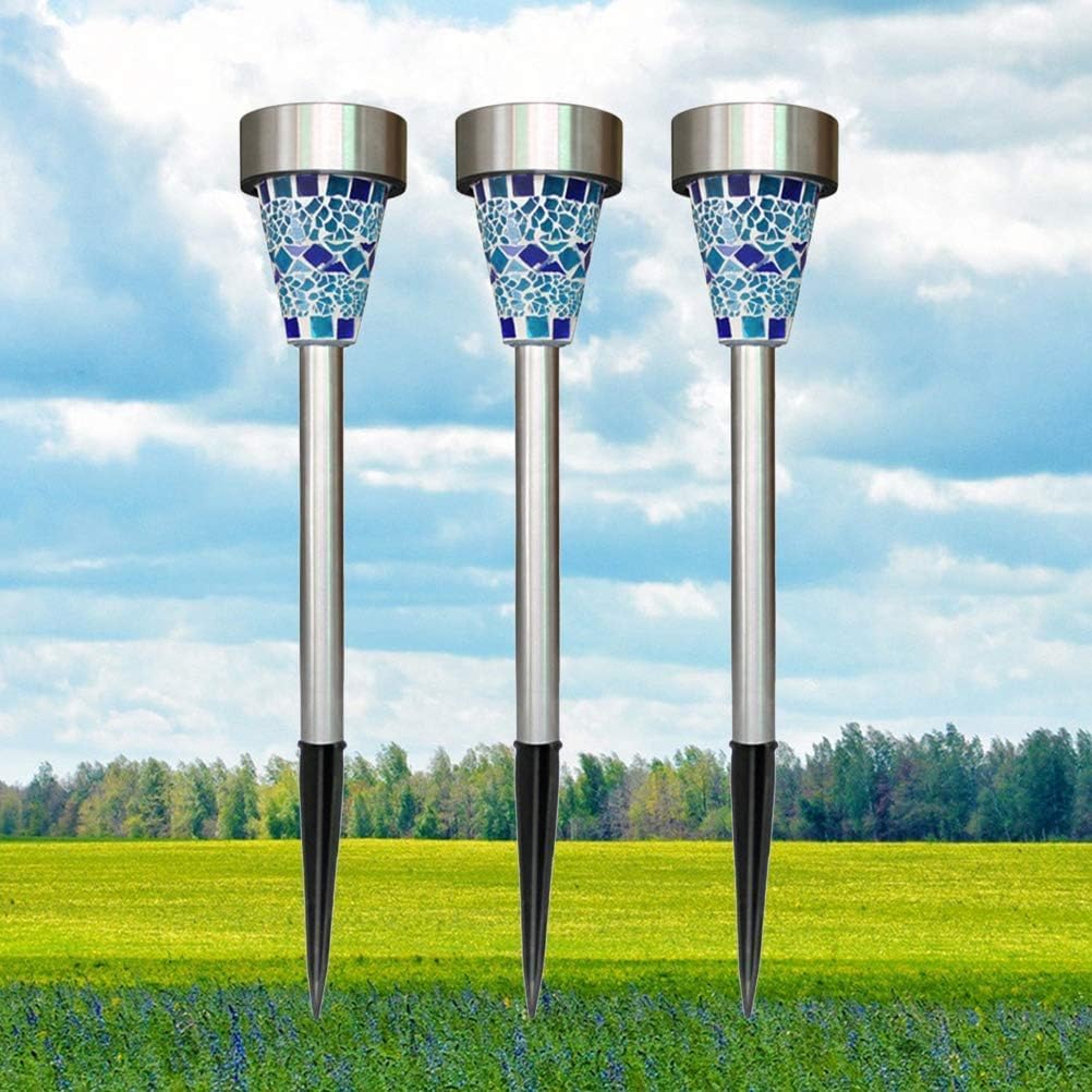 Lot de 6 lampes solaires de jardin - Mosaïque en verre - Lampes solaires LED - Décoration extérieure pour pelouse, chemins, terrasse, trottoirs (bleu)