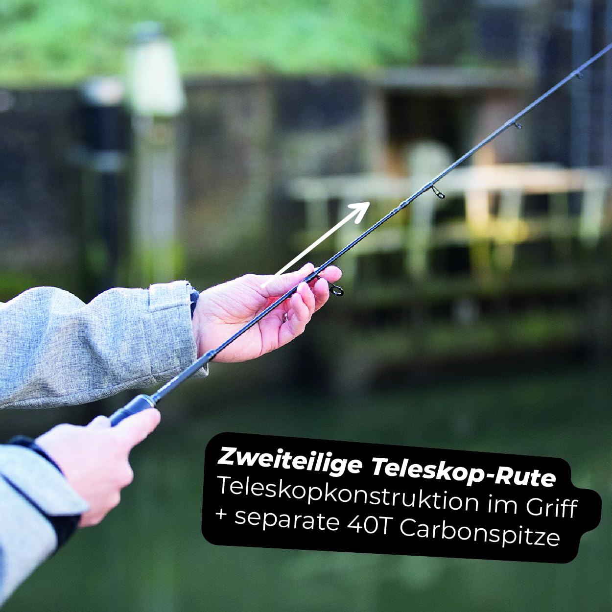 Freestyle Xtender 2.0 – 1,80m 1-8g, Kompakte, Zweiteilige Teleskop-Spinnrute, reaktionsschnelle 40T Carbonspitze, inklusive Rutenschutz