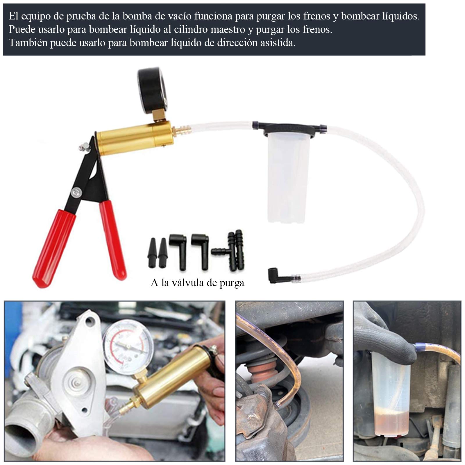 Equipo de Purga de Frenos de Freno de probador de Bomba de vacío con medidor de vacío, Adaptador para Diagnóstico de Motocicleta Coche Moto