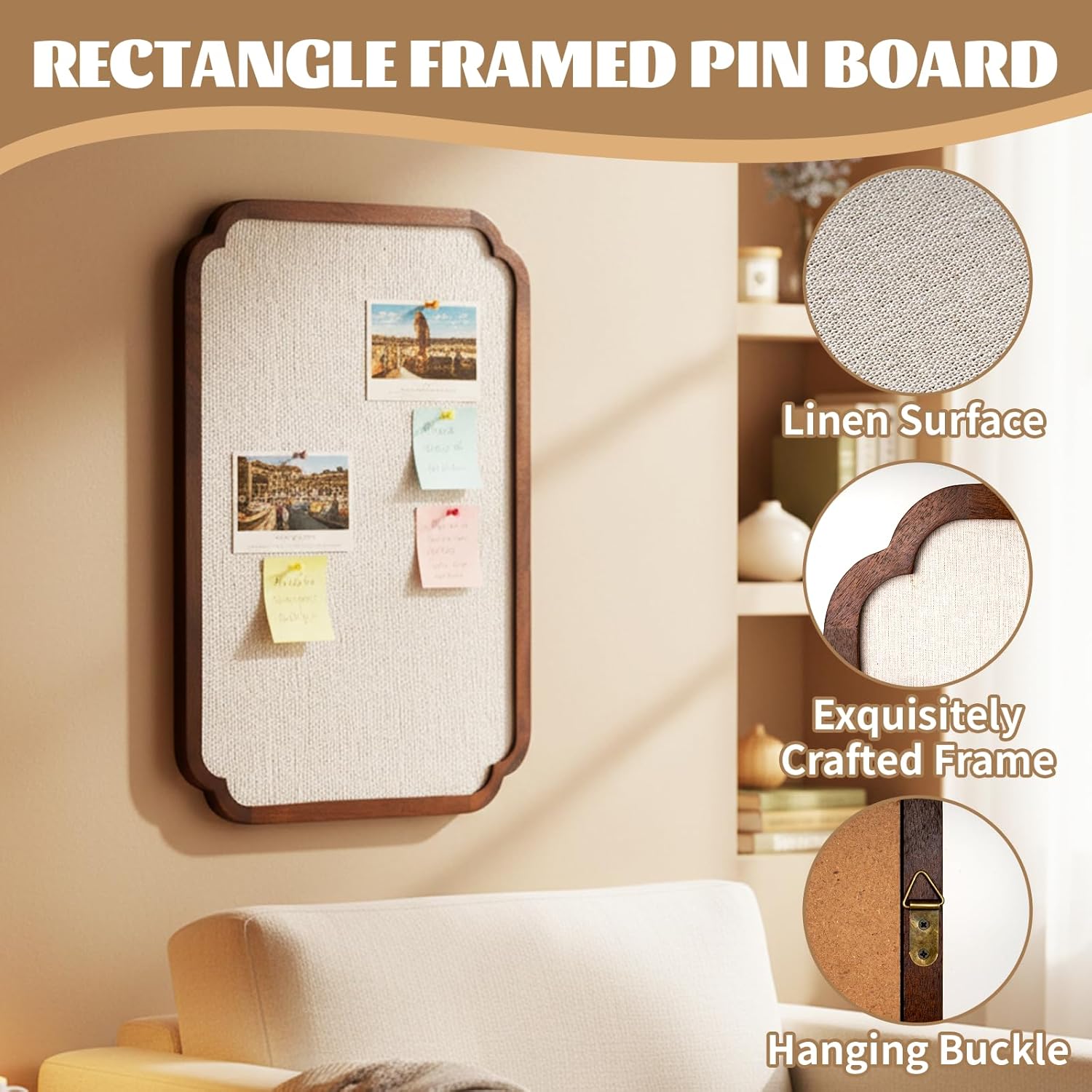 Cork Notice Board, 20" x 30" Rustic Fabric Bulletin Board Vintage Framed Pin Board Large Cork Fabric Picture Photo Pin Board Memo Ornate for Farmhouse, Home Office & Vision Board Display