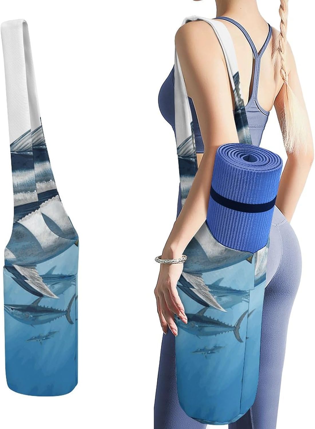 Bluefin Tuna Thunnus Yoga Mat Bag Long Tote Yoga Bag with Large Side Pocket Yoga Mat Carrier Fit Most Size Mats