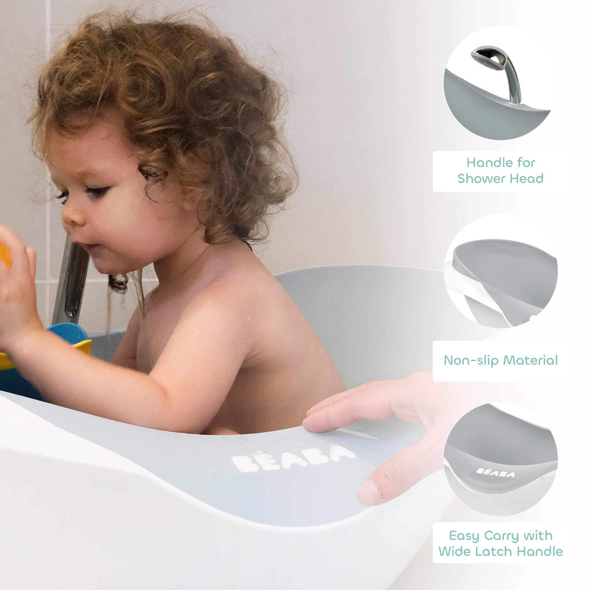 BÉABA Bañera para Bebé, Antideslizante y Cómoda, Ergonómica y Multifunción, Material Suave, Tapón de vaciado, Camélé'O, Fabricada en Francia, Gris