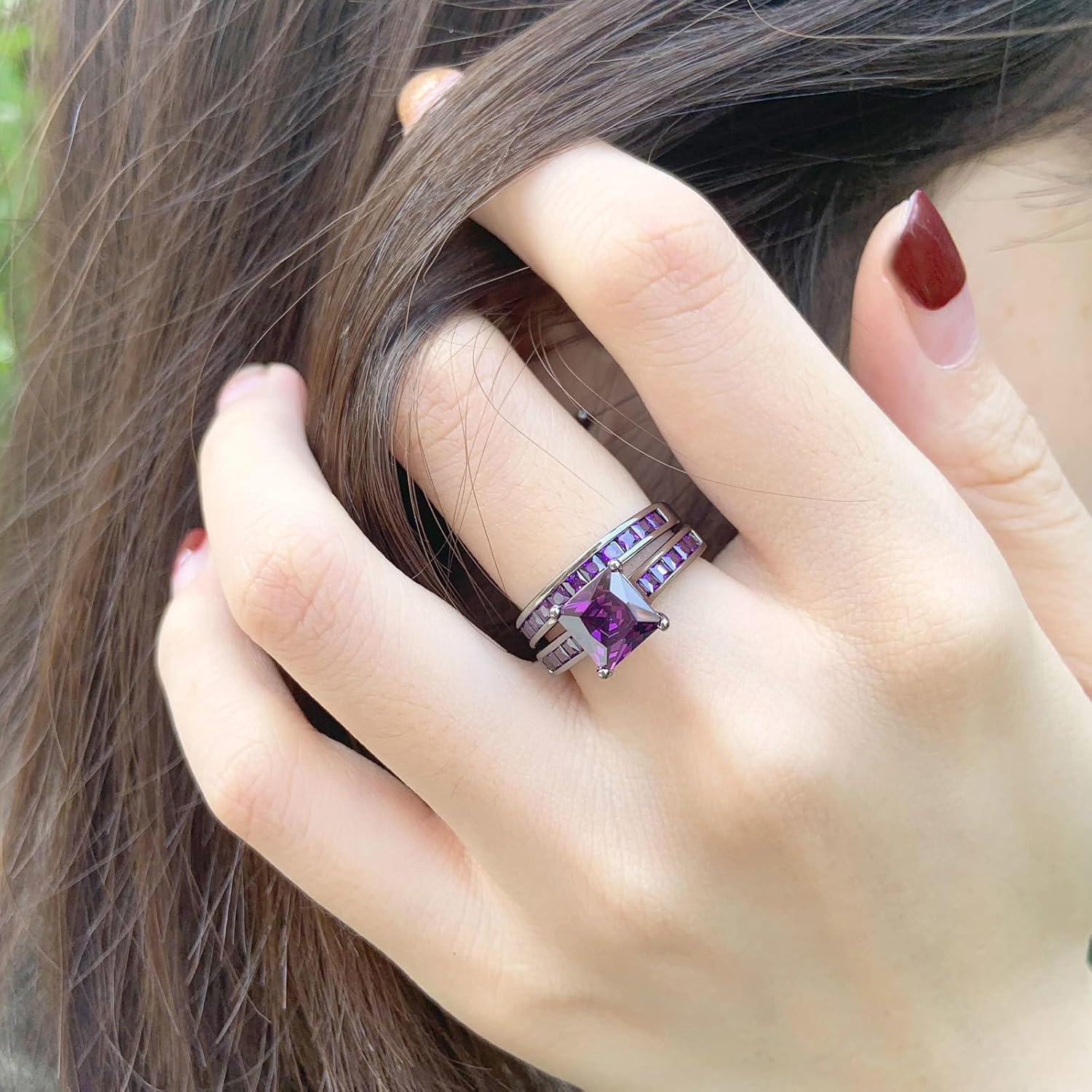 SHELOVES Women Black Gold Plated Wedding Rings Purple Amethyst Princess Cz Engagement Ring Sets 7.5