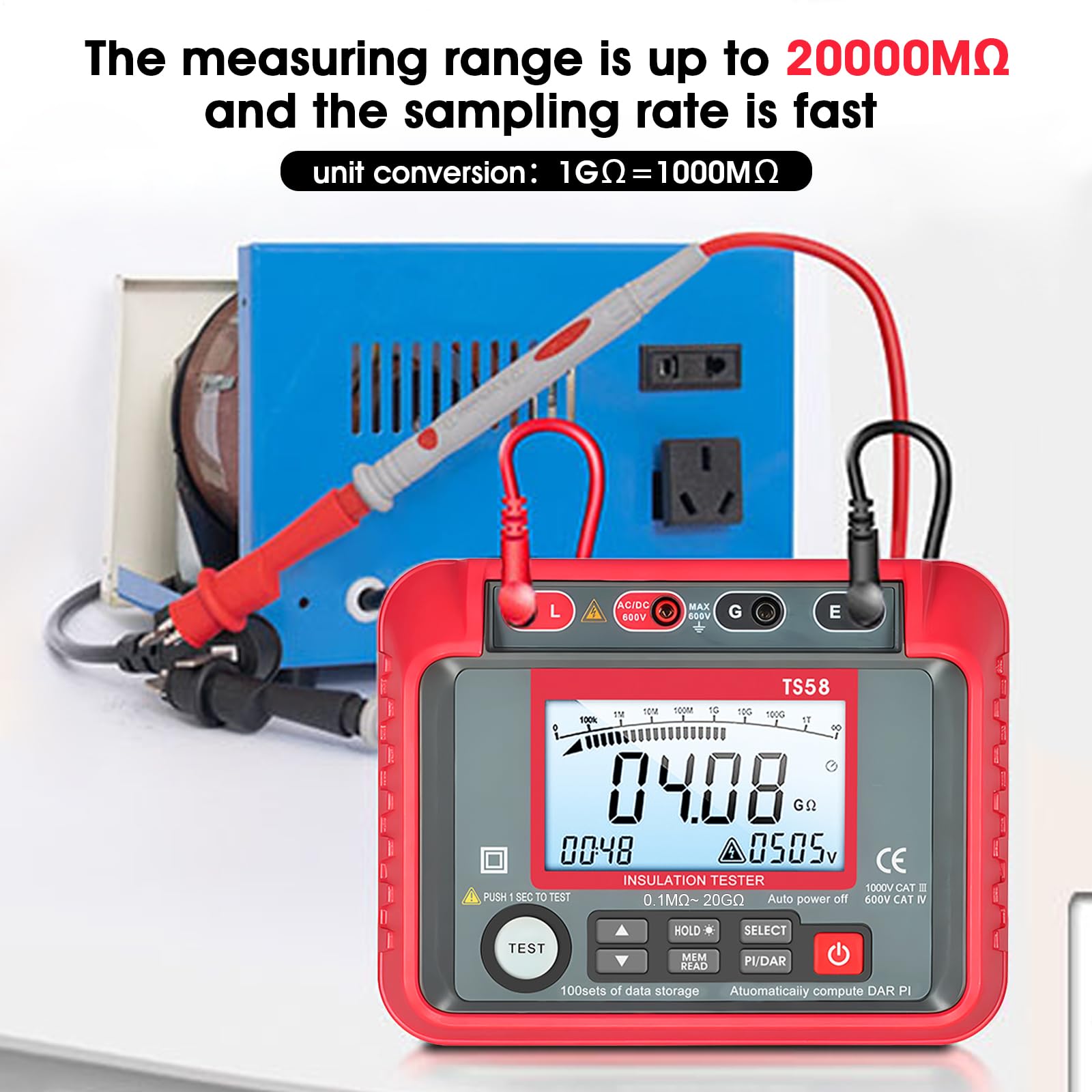 AIOMEST Digital Megohmmeter, 1000V Isolationsmessgerät, 0.1MΩ~20GΩ, 50V/100V/250V/500V/1000V, mit Hintergrundbeleuchtung, Messgeräte für elektrische Geräte wie Motoren und Kabel, T0-TS58