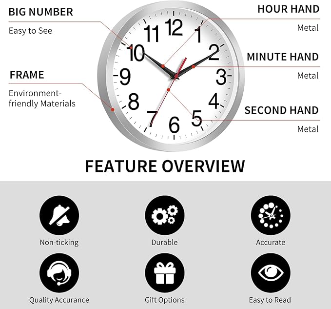 Reloj de Pared Rohioue 14 Pulgadas Analógico Plateado Silencioso miniatura 5