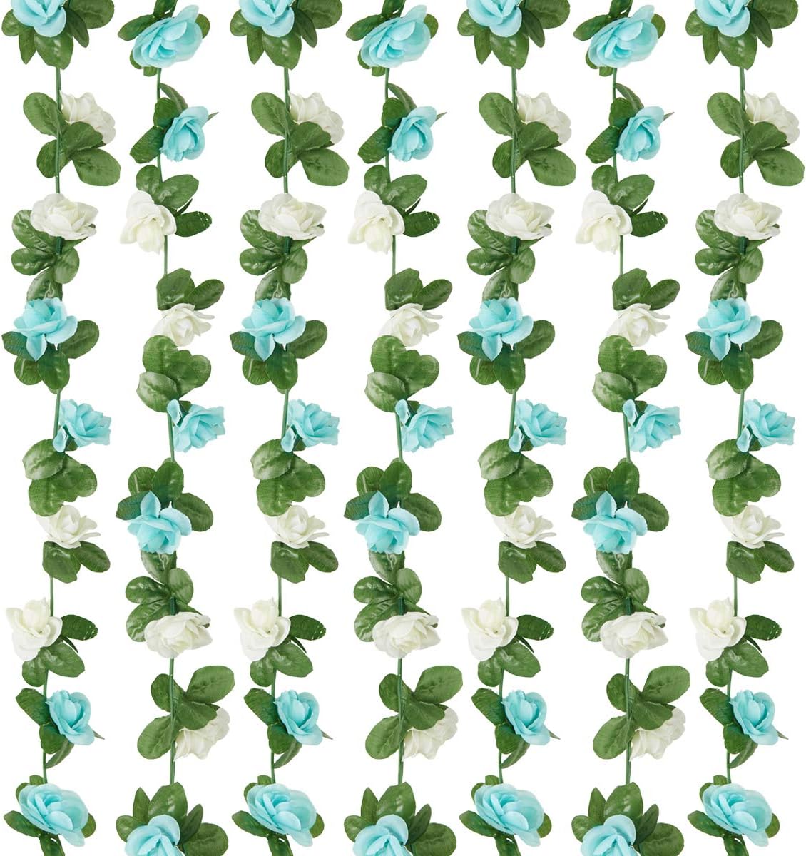 8 Pcs x 8.2 ft Flower Garland Artificial Rose Vine Flowers with Green Leaves Hanging Fake Roses Vine for Room Party Home Wedding Birthday Christmas Wall Arch Decor, White Blue Flower - Image 9