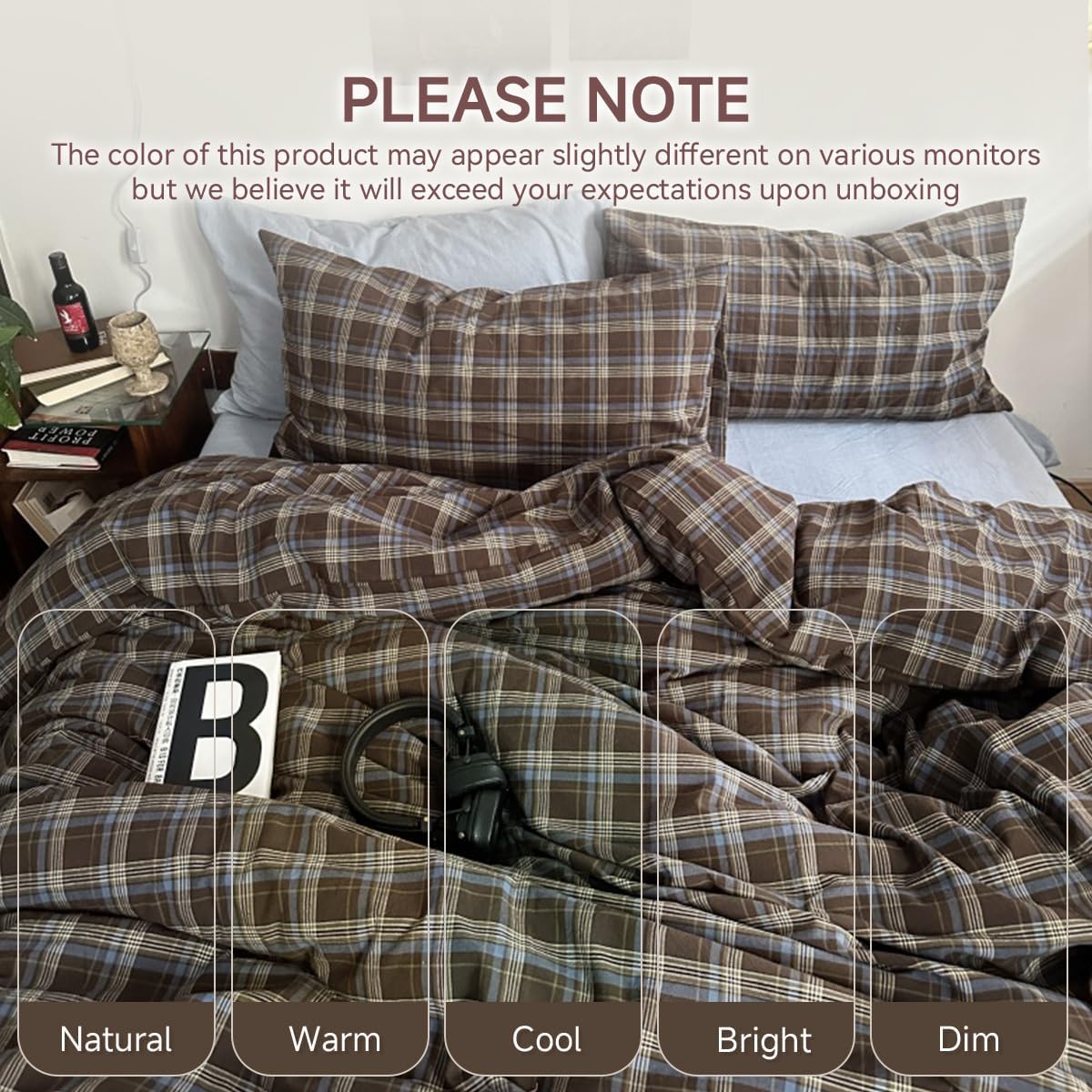 Plaid Duvet Cover Set Queen Size,Brown Blue Gingham Patterned Bedding Set for Girls Boys,Modern Soft Breathable Microfiber Comforter Cover 3 Pieces with Zipper Closure and 2 Pillow Shams