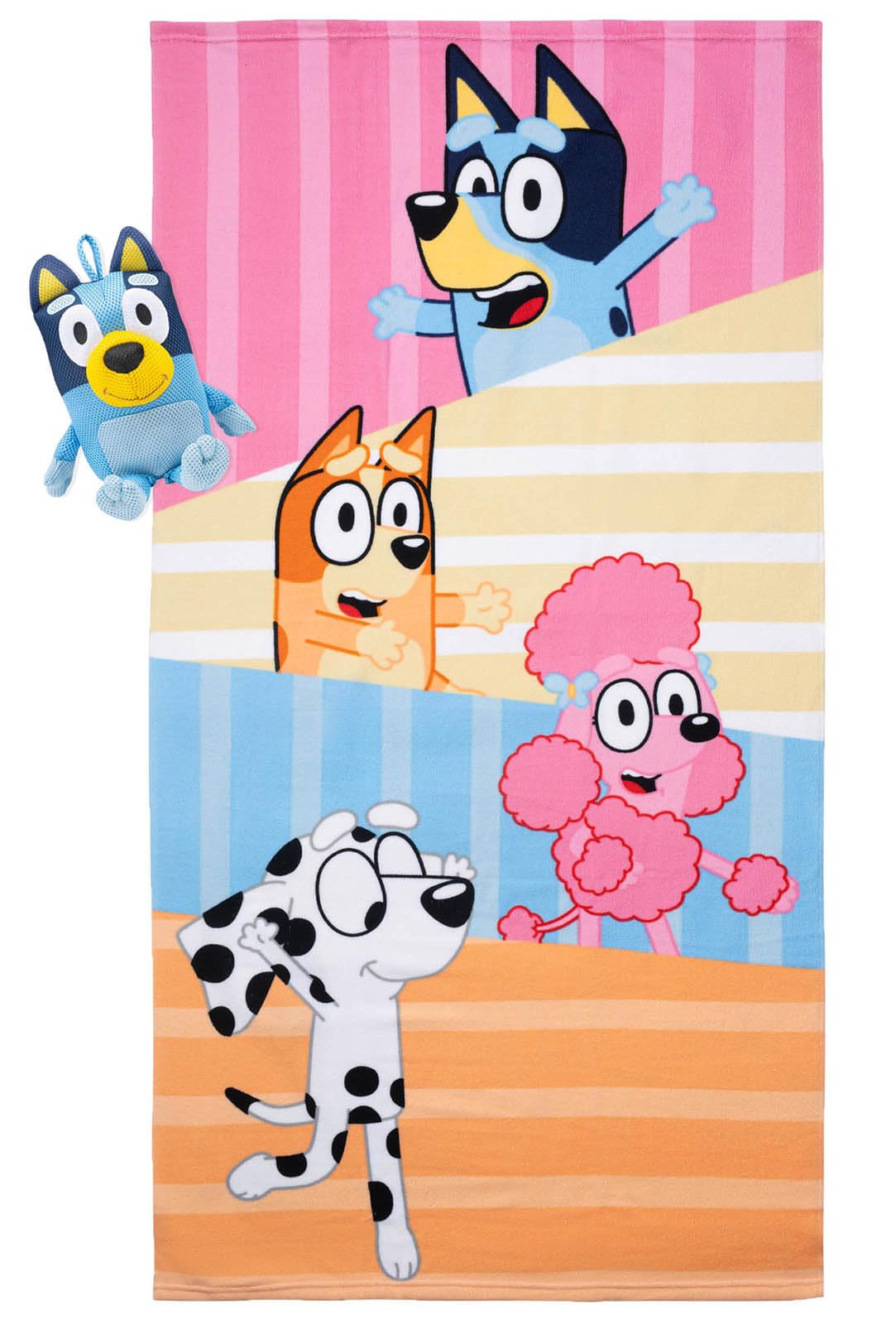 Jay Franco Bluey & Friends Bath Towel & Bath Buddy Set - Kids Bathtub Accessories - Includes 25 x 50 Inch Microfiber Towel & 13 Inch Bluey Water Play Buddy