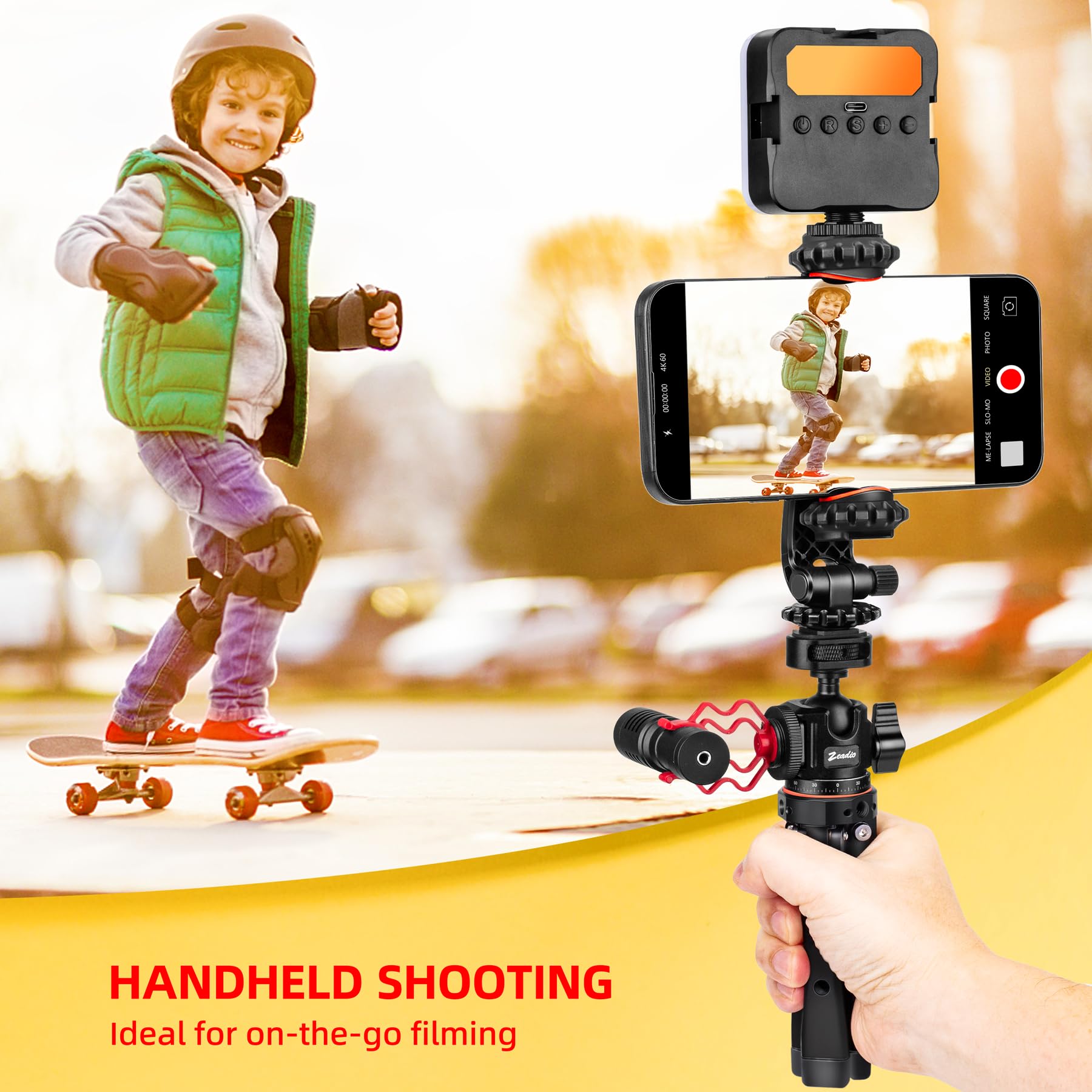 Zeadio Kit Treppiedi in Metallo Heavy Duty con Adattatore 1/4", Supporto per Telefono e Adattatore per Action Cam, Compatibile con iPhone/Android Fotocamera Gimbal Action Cam e altro