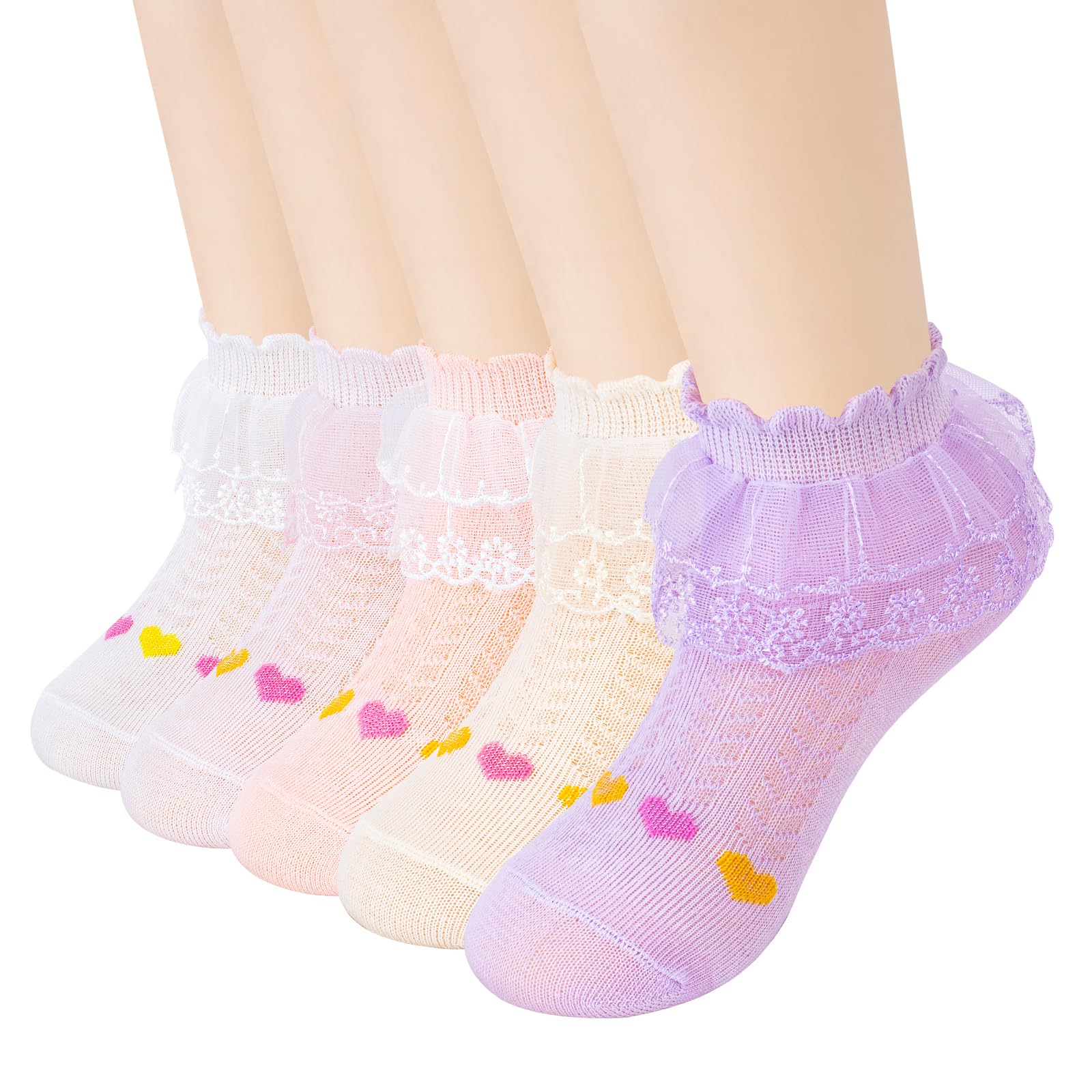 Looching5 Pack Toddler Girl Frilly Lace Socks Cute Baby kid Eyelet Mesh Thin Cotton Ankle Princess Dress Dance Sock 1-8Years