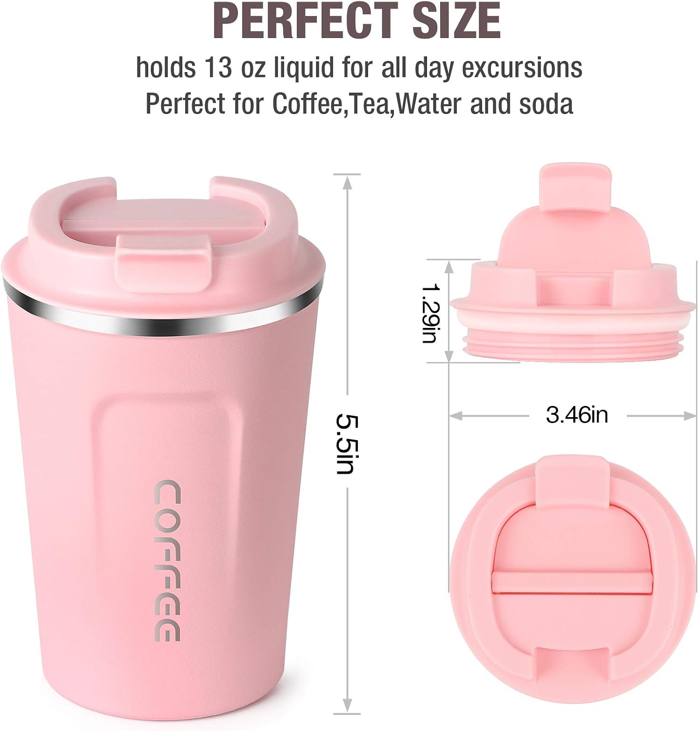12oz (380ml) Vacuum Insulated Coffee Travel Mug, Leakproof Double Wall Stainless Steel Reusable Cup with Lid, Thermal Tumbler for Hot and Cold Drinks, Matte Texture Pink