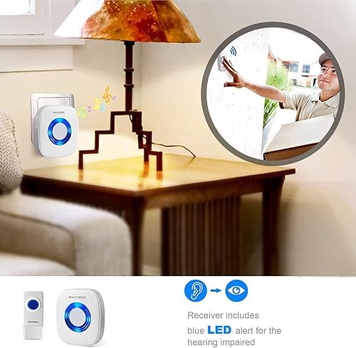 Miniatura 2 de PHYSEN Timbre inalámbrico con 3 receptores, 2 botones, kit de timbre de puerta impermeable para el aula en casa, funciona a un rango de 1300 pies,