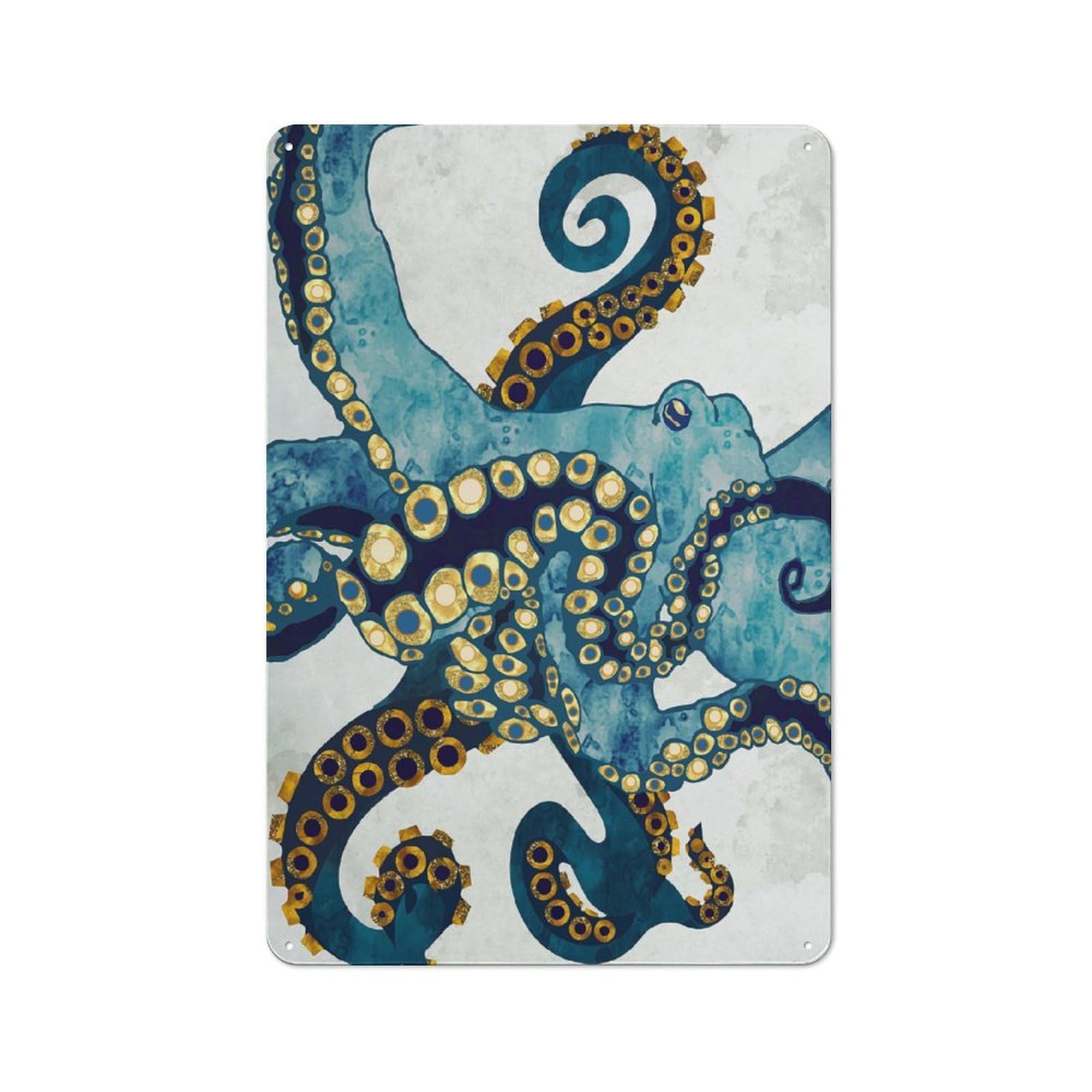Junmoney Style-24 Retro Metal Wall Sign 30X20cm Featuring Metallic Octopus Vi For Garage Wall, For Garage, Workshop And Man Cave Decoration