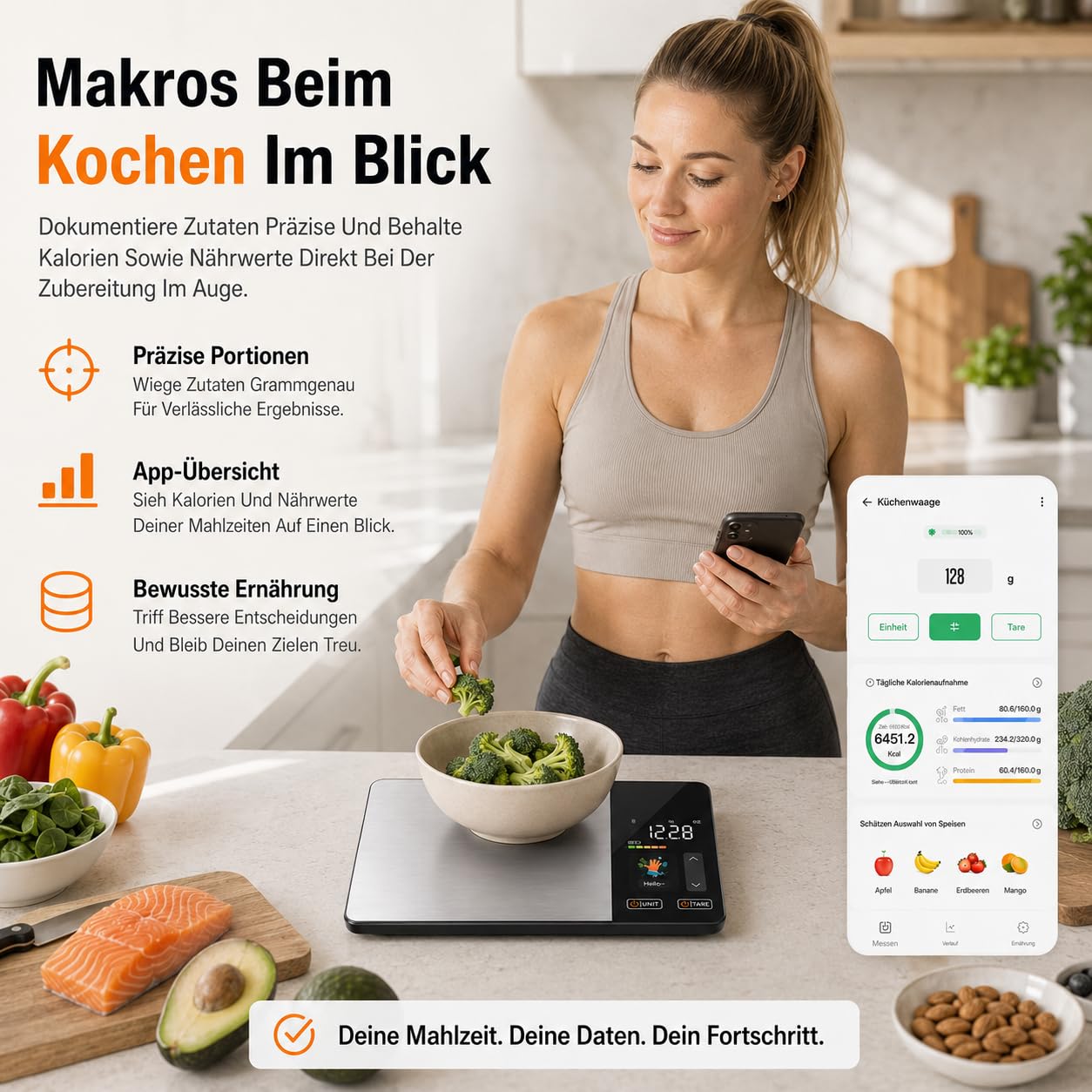 Smartvita Küchenwaage- Smarte Ernährungswaage Mit Präziser Messung Für Kalorien Portionen Backen Kochen Kaffee Und Edelstahl Küche