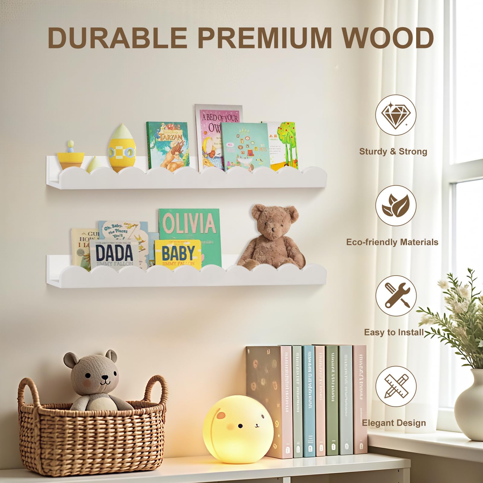 Dongxw Nursery Book Shelves Set of 4, White Floating Shelves for Wall, Kids' Bookshelf Nursery Book Shelves Decor, Scalloped Shelf Hanging Storage Racks for Baby Toddler Children Room Decor