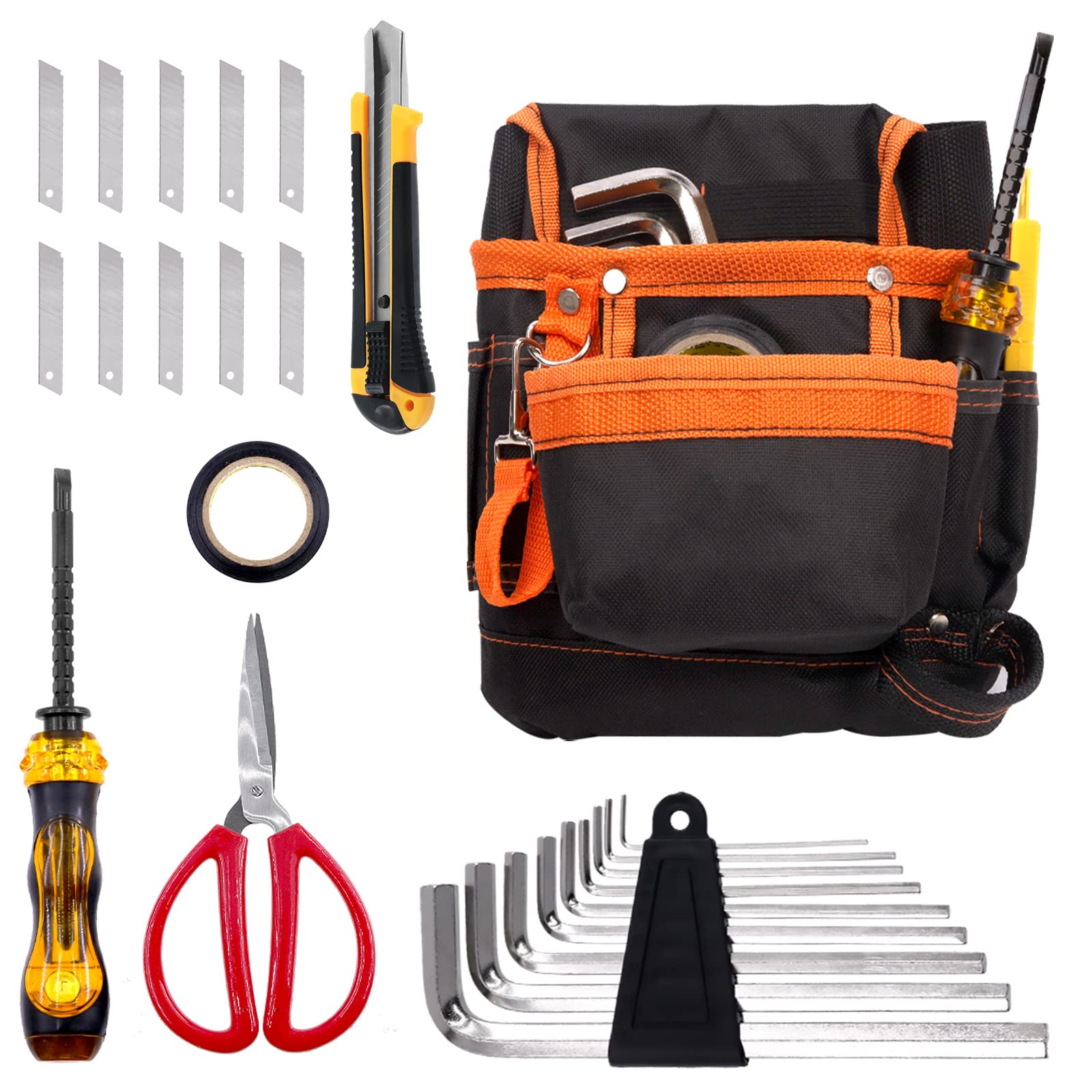Swpeet 16Pcs Electrician Tool Pouch with Tools, Tool Pouch, Allen Wrenches Screwdriver Scissors, Utility Knife with Blades, Tool Belt Kit for Electrician Carpenter Construction Technician Gardening