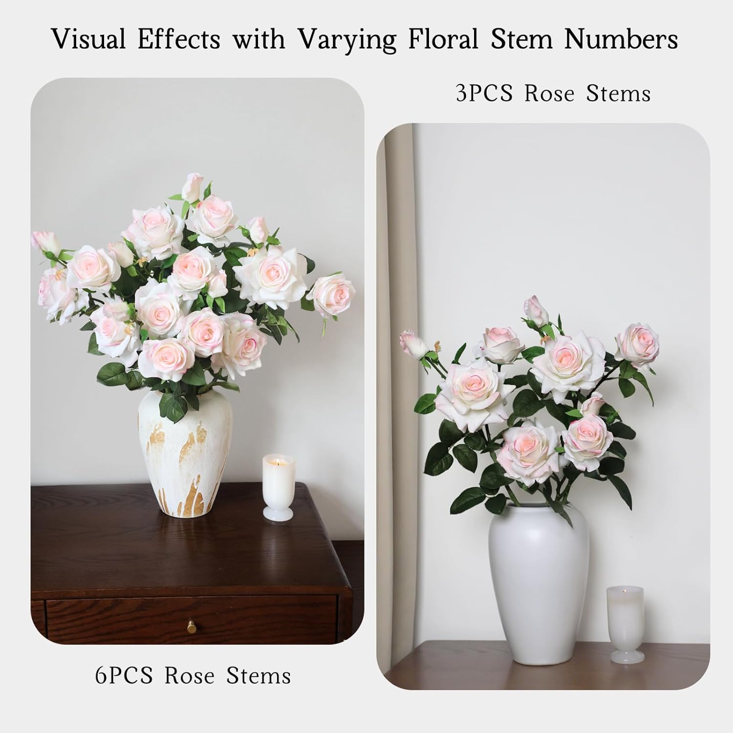 KBREE 30” Real Touch Roses Pink White Flowers, 3Pcs Pink Roses Artificial Flowers with Long Stems, 3 Blooms Per Stem, Realistic Silk Flowers for Wedding, Home & Office Décor - Image 8