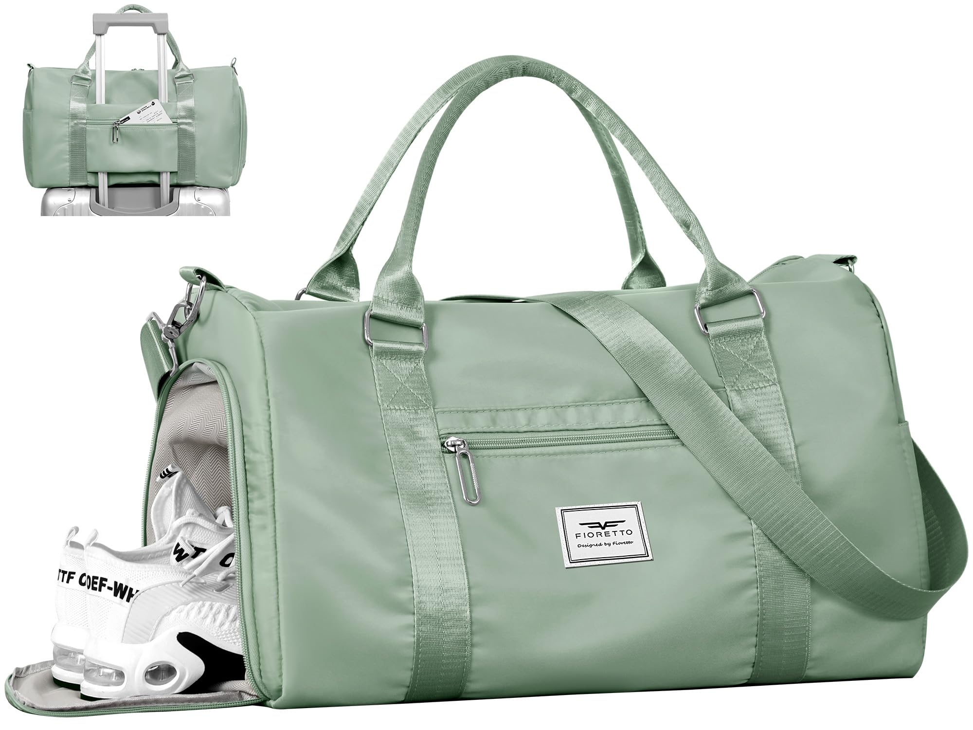 FIORETTO Womens Gym Tote Duffle Bag with Wet Pocket &amp; Shoe Compartment, Sports Duffel Overnight Weekender Hospital Workout Carry on Bag for Girls, Ideal for Travel, Swimming, Dance, Ballet Celadon