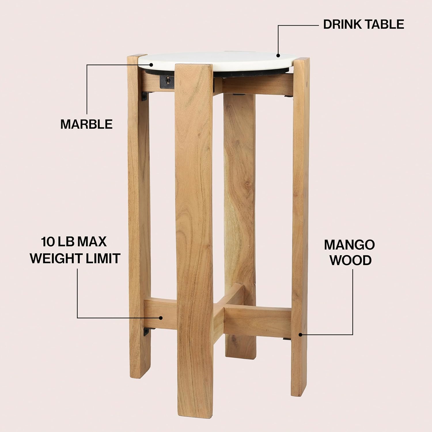 JONATHAN Y END3003A Elena 24" Minimalist Structured Wood Drink Table and Decorative End Table with White Marble Round Top for Living Room, Bedroom, Office, Bathroom, Natural
