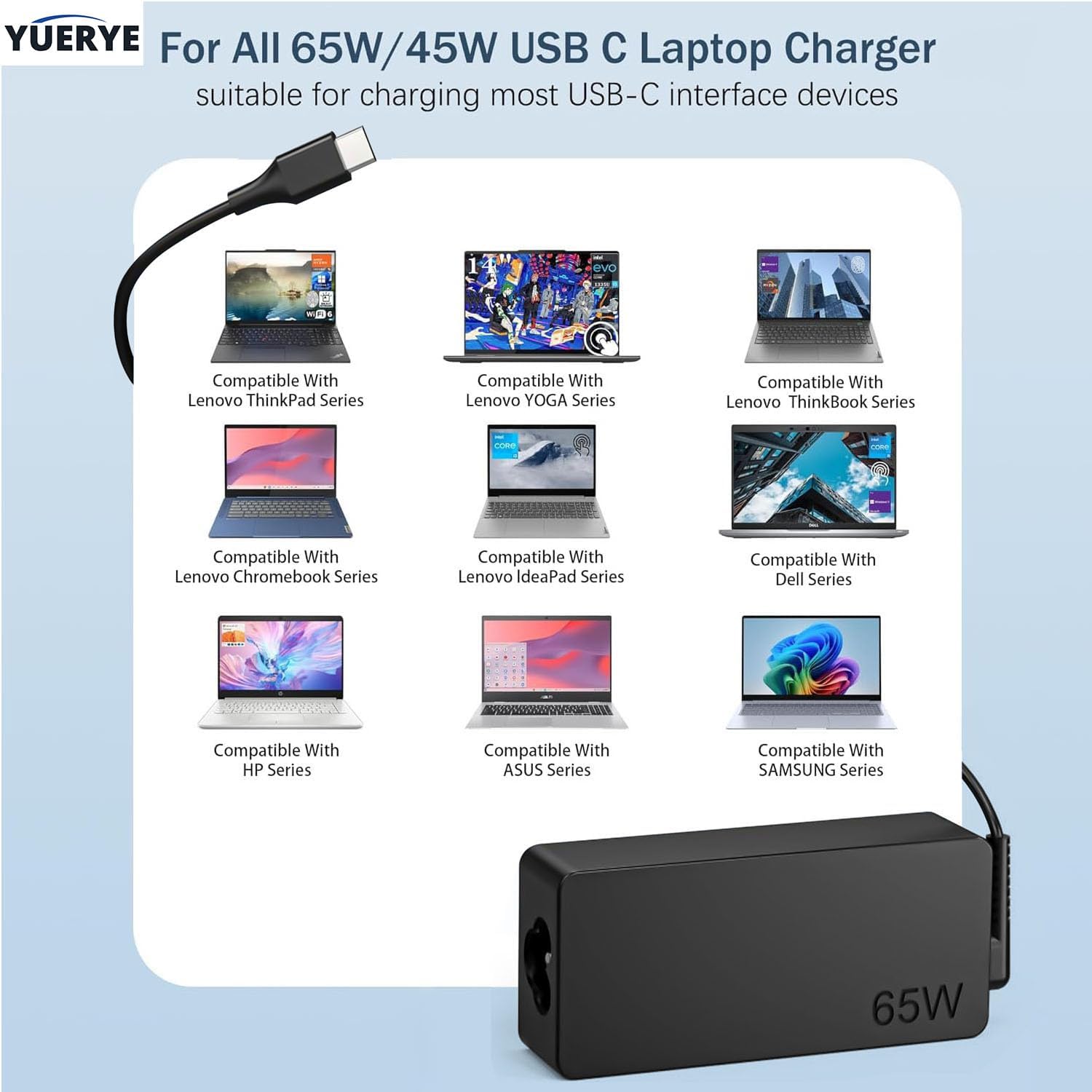 65W USB C Laptop Charger Compatible with Lenovo ThinkPad T14 T15 T16 E14 E15 T480S T580S E480 E580 X1 Carboon Yoga 7i 9i C930 C940 Chromebook C330 S330 Fast Power Adapter