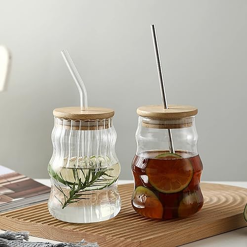 Miniatura 5 de Paquete de 2 vasos para beber con tapas de bambú y popote de vidrio de 17 onzas con ondas creativas, vasos de vidrio para café helado, refrescos,