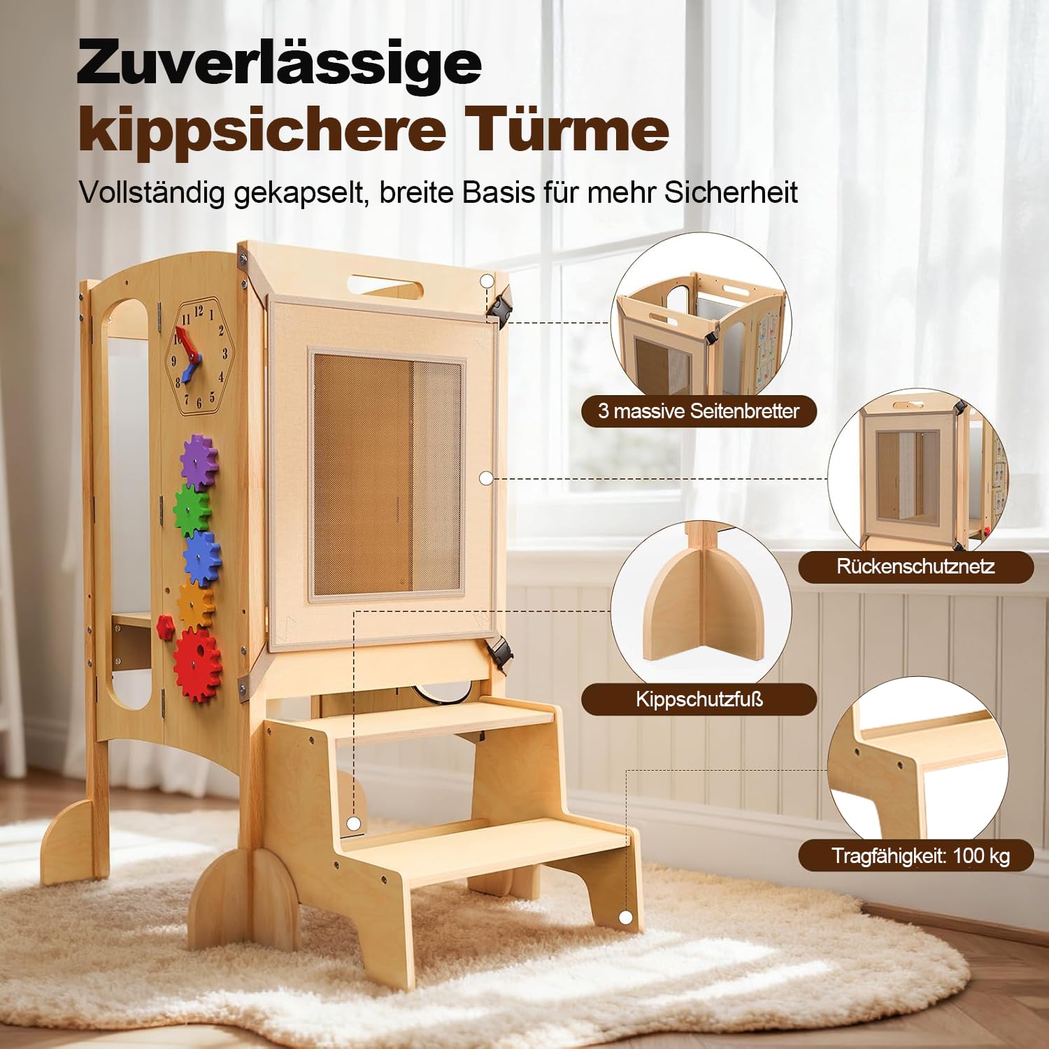 Montessoriana Torre di Apprendimento Pieghevole, Torre di Apprendimento per Bambini, Preassemblato/Salvaspazio, Altezza Regolabile Poggiapiedi Legno, Lavagna, Rete di Sicurezza, Protezione