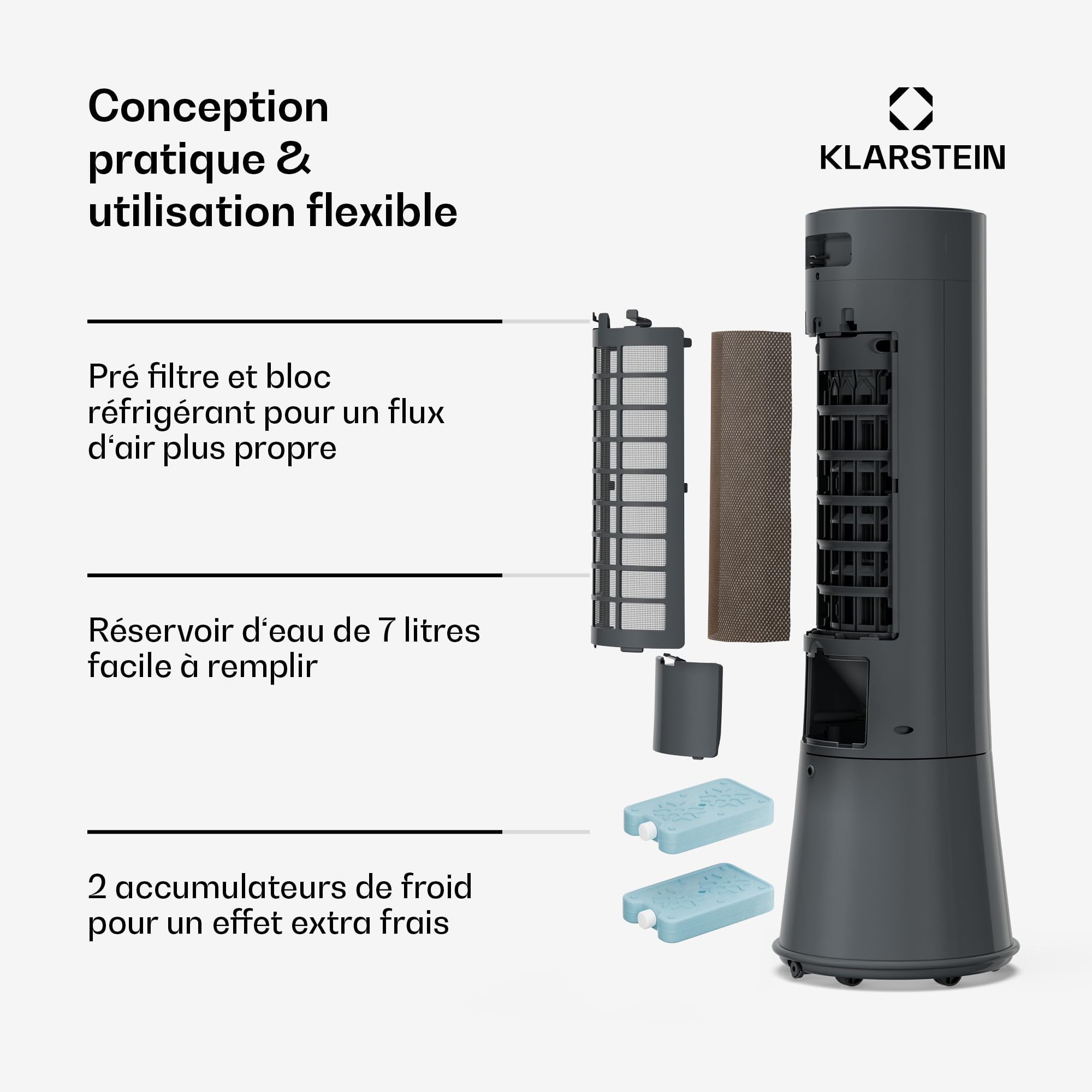 KLARSTEIN Rafraichisseur d’Air, Refroidisseur d’Air Évaporatif, 7L, Télécommande, Minuterie, Mobile, Ventilateur Climatiseur Chambre 20m², Dark Grey