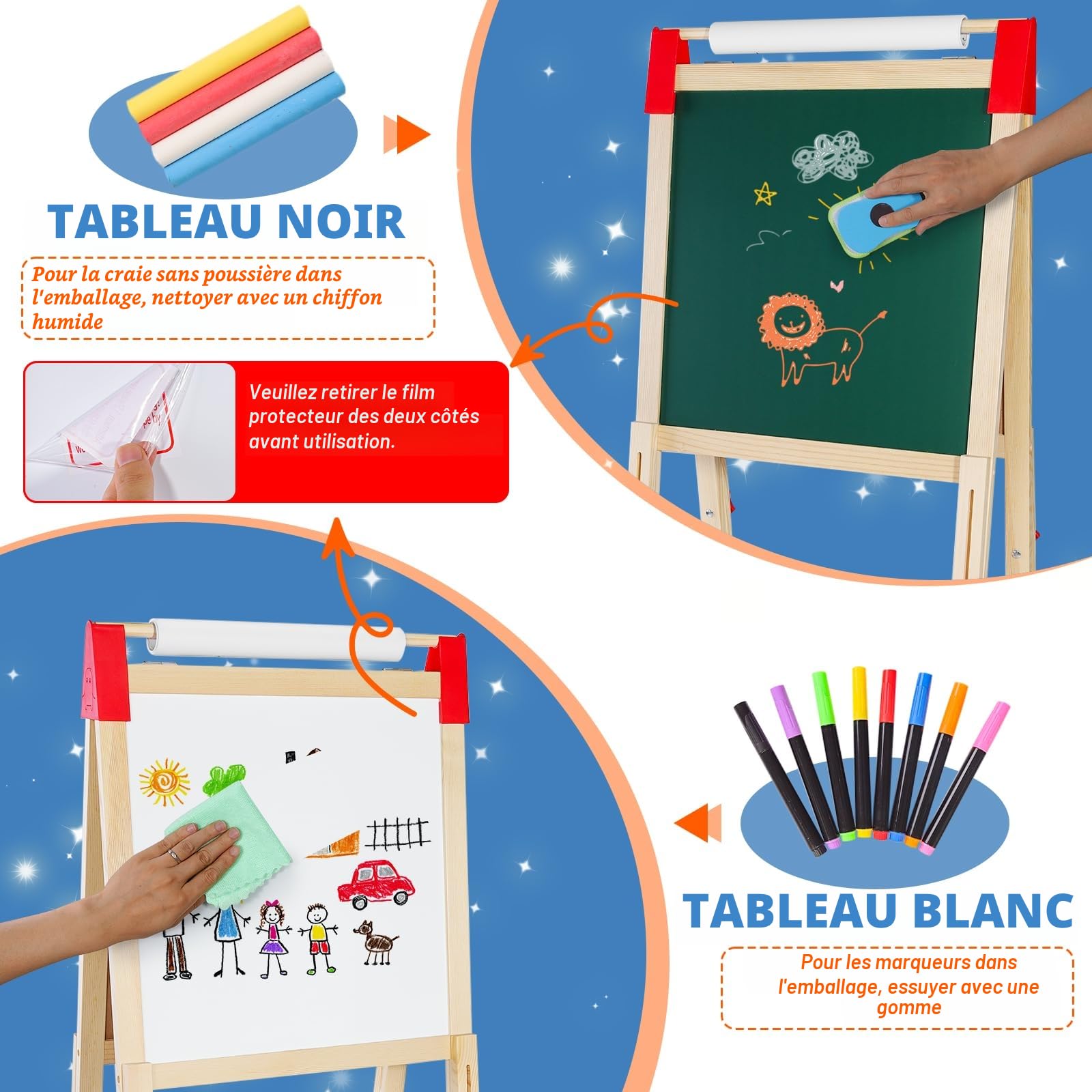 Chevalet Enfant Double Face en Bois avec Rouleau à Papier - Tableau Blanc & Noir Réglable - Cadeau Anniversaire Fille Garçon (Accessoires Inclus)