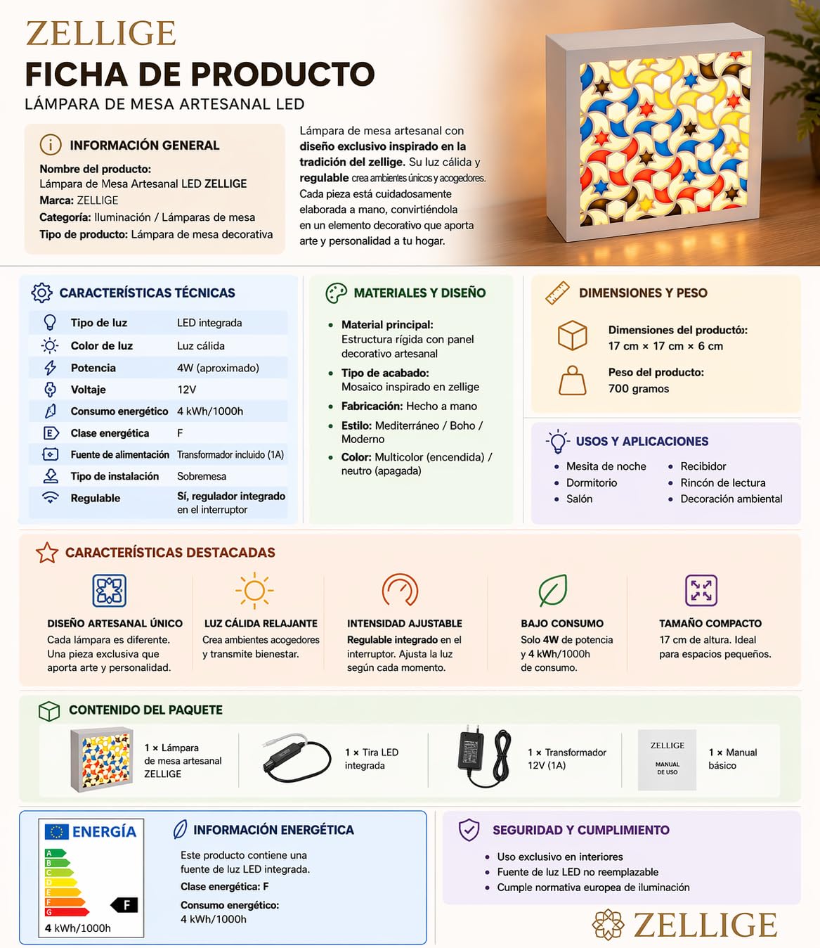 Mad & Cut Lámpara de Mesa Artesanal LED | Decoración Inspirada en la Alhambra Nazarí | Luz Cálida para Mesita de Noche y Salón | Fabricada en España | Diseño Zellige Premium