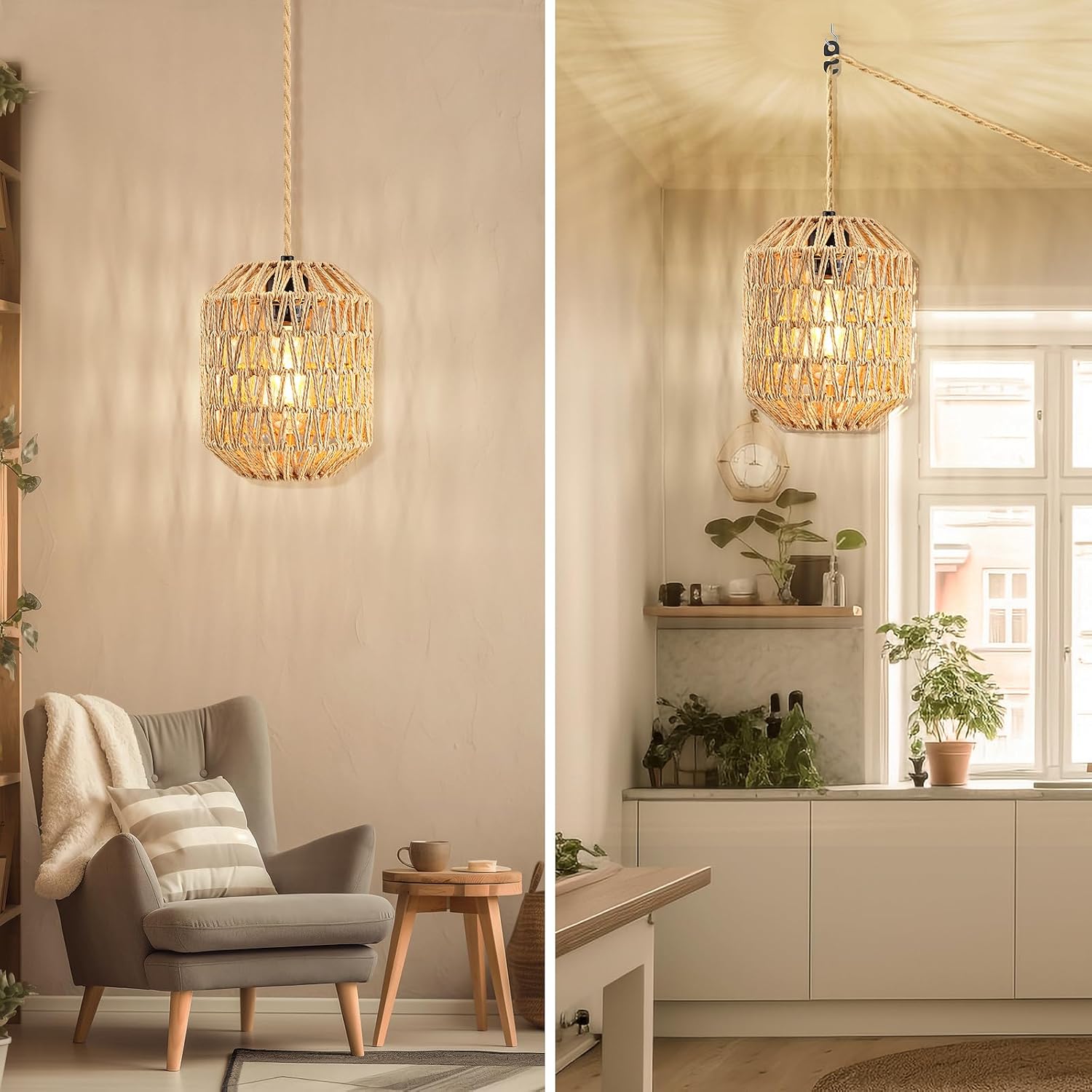 Plug In Pendant Light, 15FT Hemp Rope Cord,Hanging Lights With Plug In Cord Dimmable Rattan Hanging Lamp Wicker Woven Basket Lampshade, Industrial Plug In Ceiling Light Fixture For Kitchen (brown)