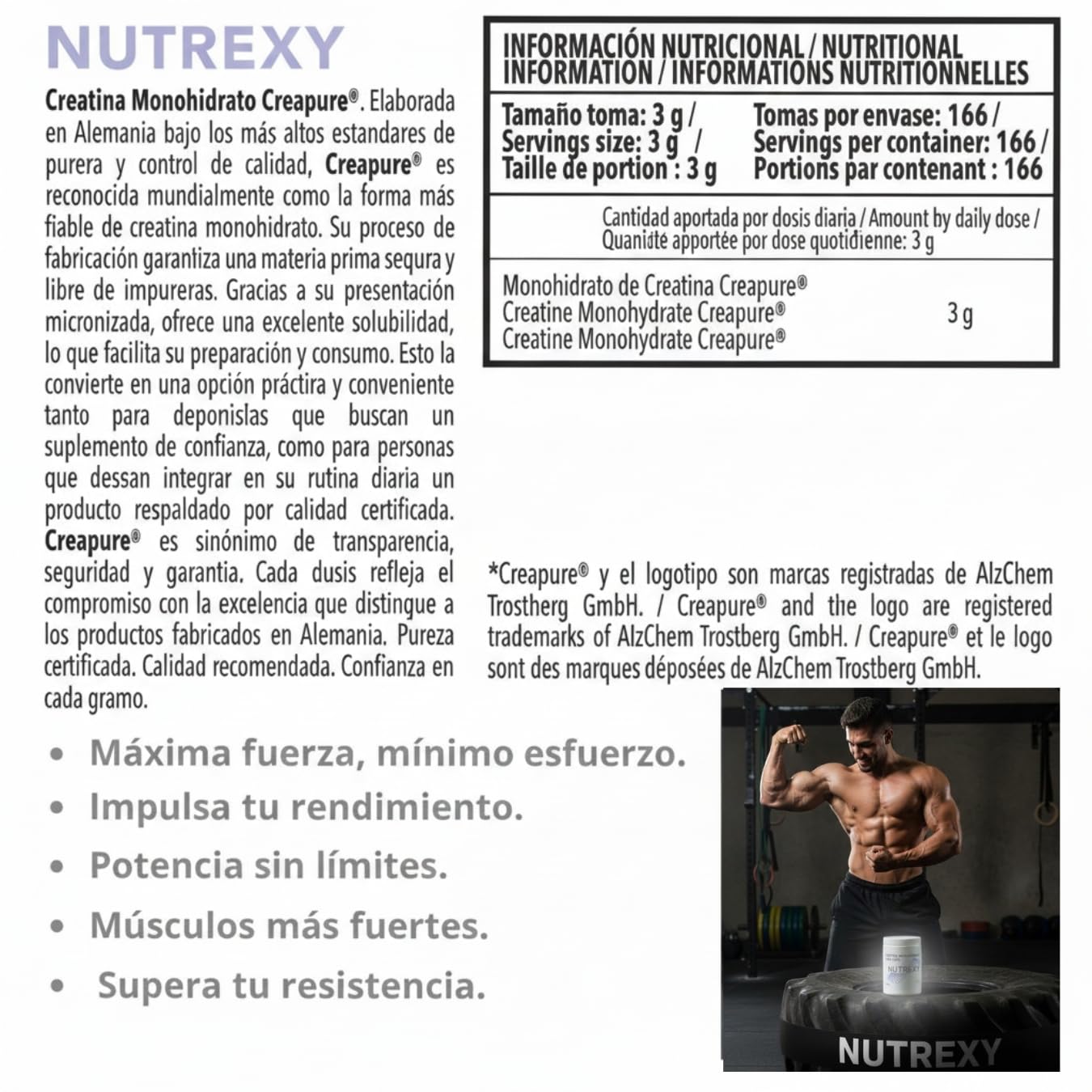 Creatina Monohidrato Creapure 100% – 600g (500g + 100g) – Alta Pureza – Sin Sabor – Nutrexy
