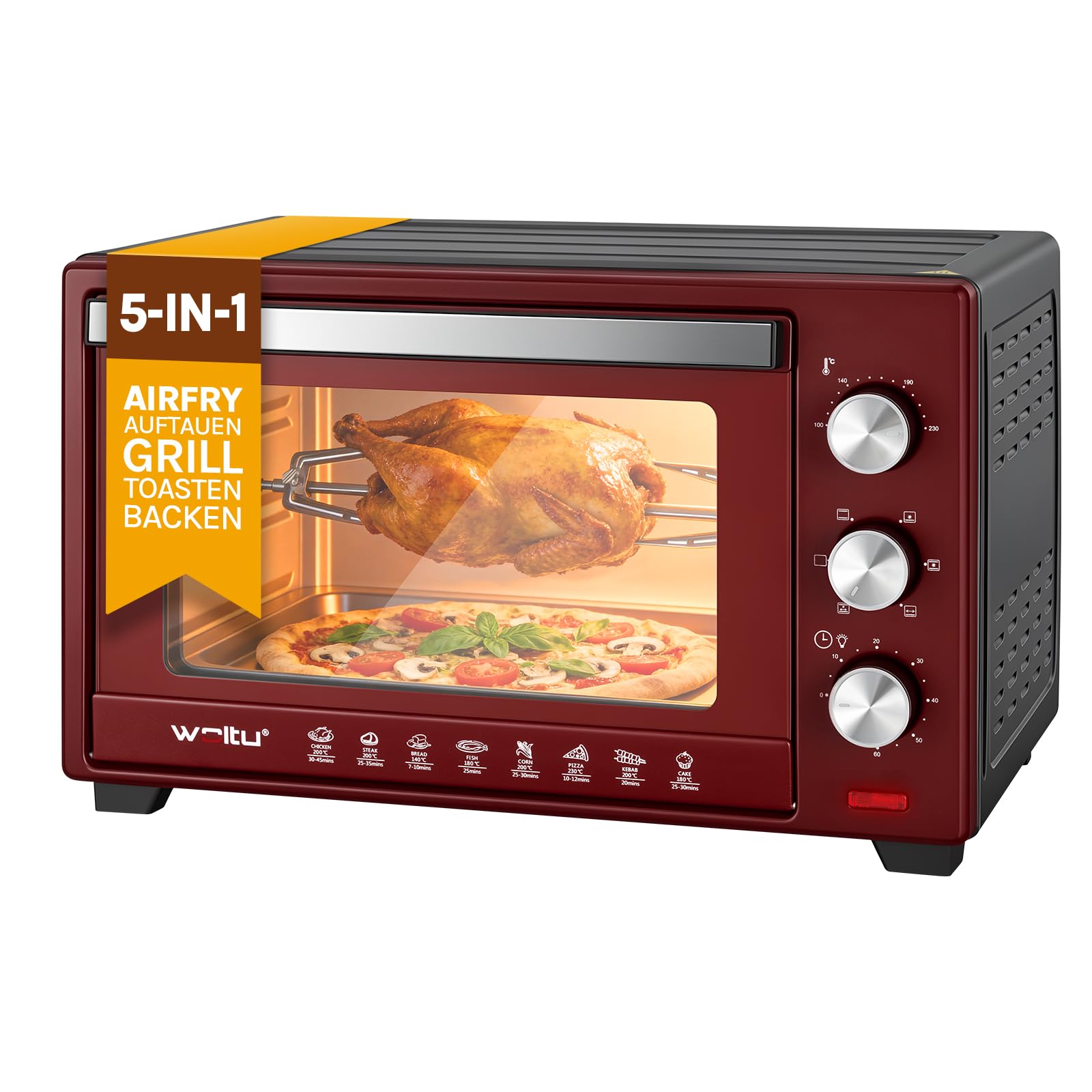 WOLTU Horno Electrico Sobremesa 32L con Parrilla, 4 Elementos Calefactores | Temporizador de 60 minutos, Temperatura 100-230°C, 1600W, Puerta de Doble Acristalamiento, Rojo+Negro