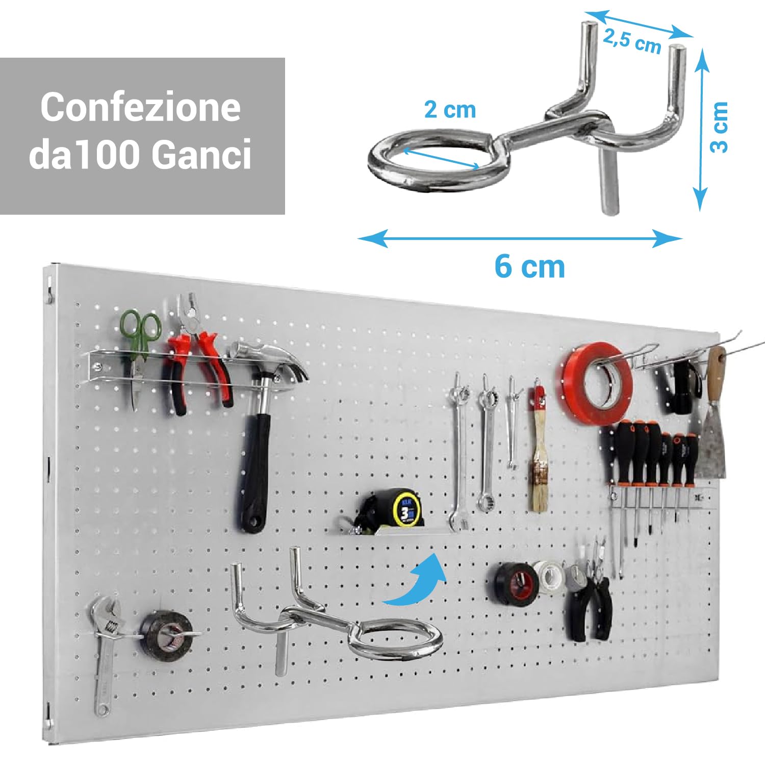 Crisalide® - Ganchos para paneles perforados para herramientas, plástico o hierro galvanizado, paquete de 100 unidades - Resistentes y fáciles de instalar - Fijación segura (gancho de ojo galvanizado)