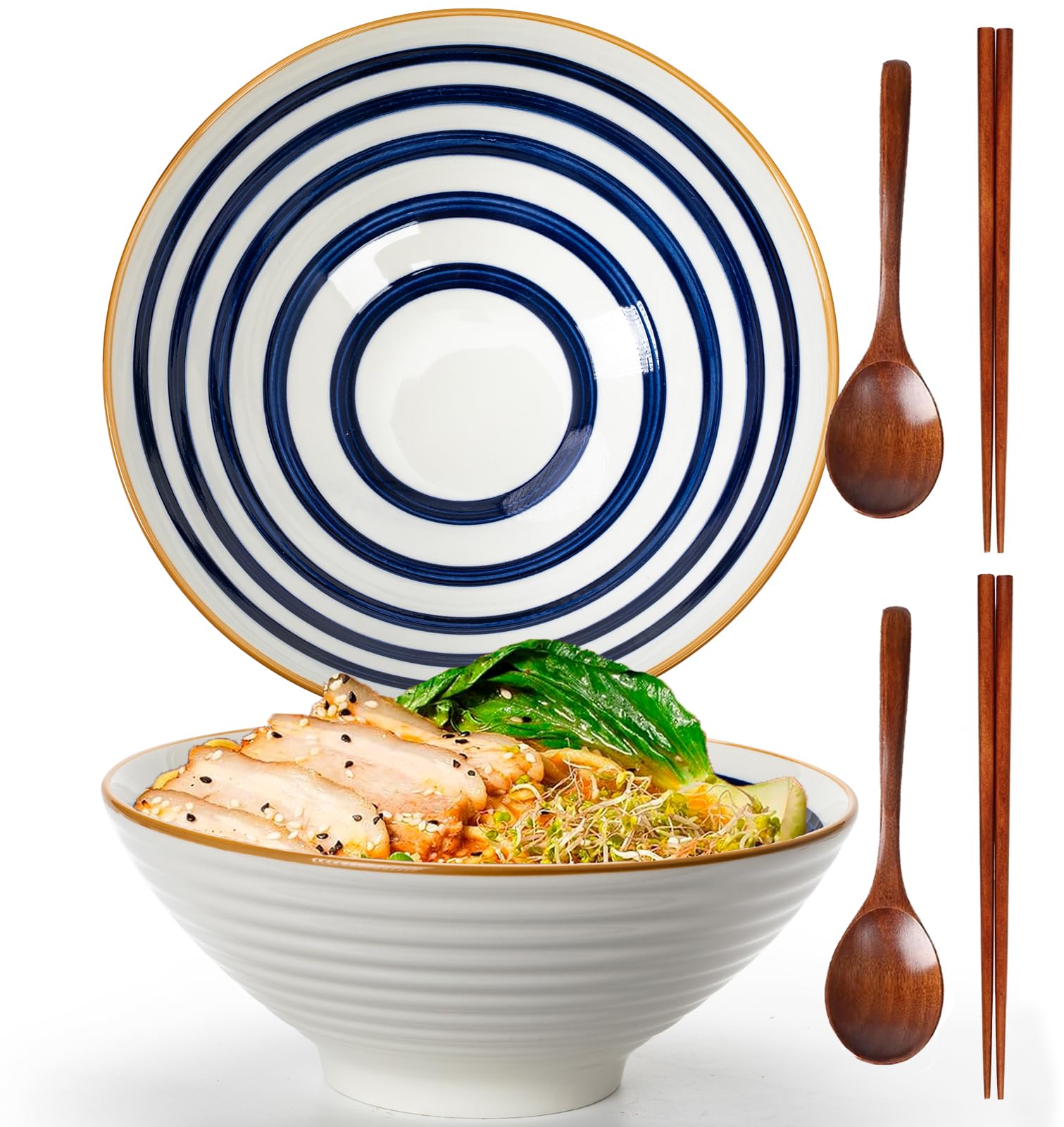 Ramen Bowl Set di ciotole giapponesi,1200 ml Ciotole Giapponesi per Ramen, 2 Set Giapponese Ramen Ciotola con Bacchette e cucchiai,Ciotola di Ceramica per Ramen, Insalata, Muesli