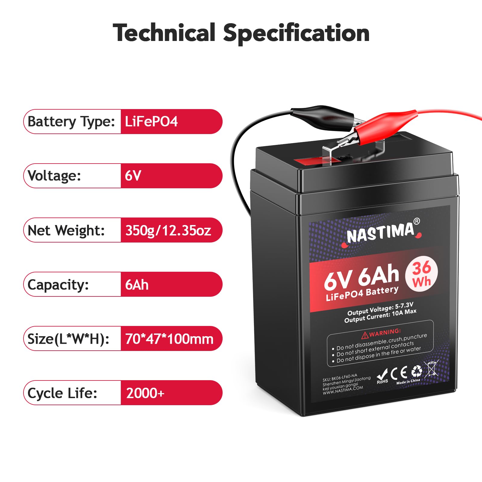 NASTIMA Batterie Rechargeable 6V 6Ah LiFePO4 avec Protection BMS et Cycle Profond 2000, adaptée aux Kits de Éclairage Électrique de Secours, Voitures Jouets pour Enfants, Bateaux à Moteur, Camping