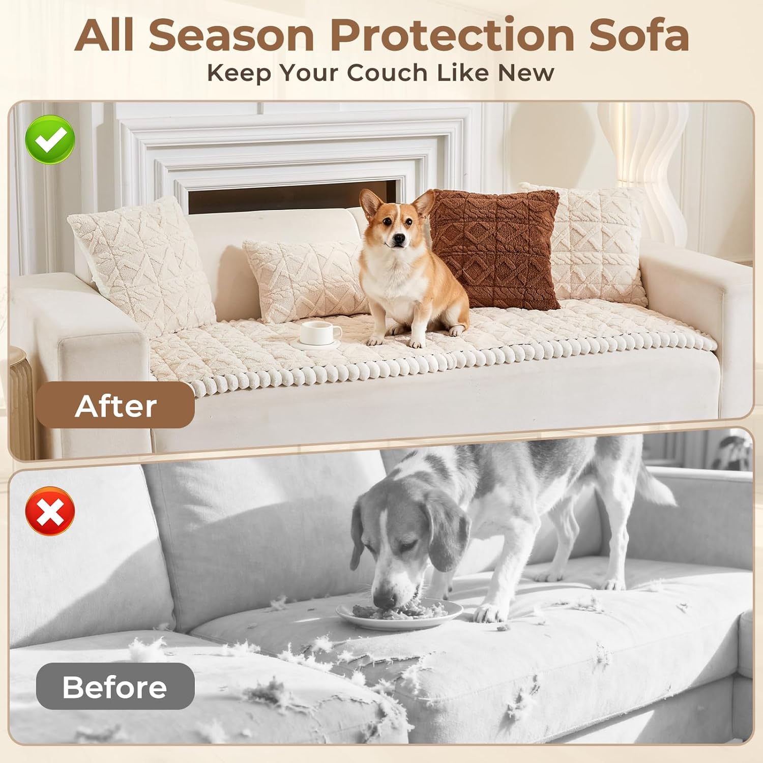 Extra Long Velvet Couch Cover for Sofa, Pet-Friendly Non-Slip Washable Furniture Protector, White, 27.6 x 82.7 Inch
