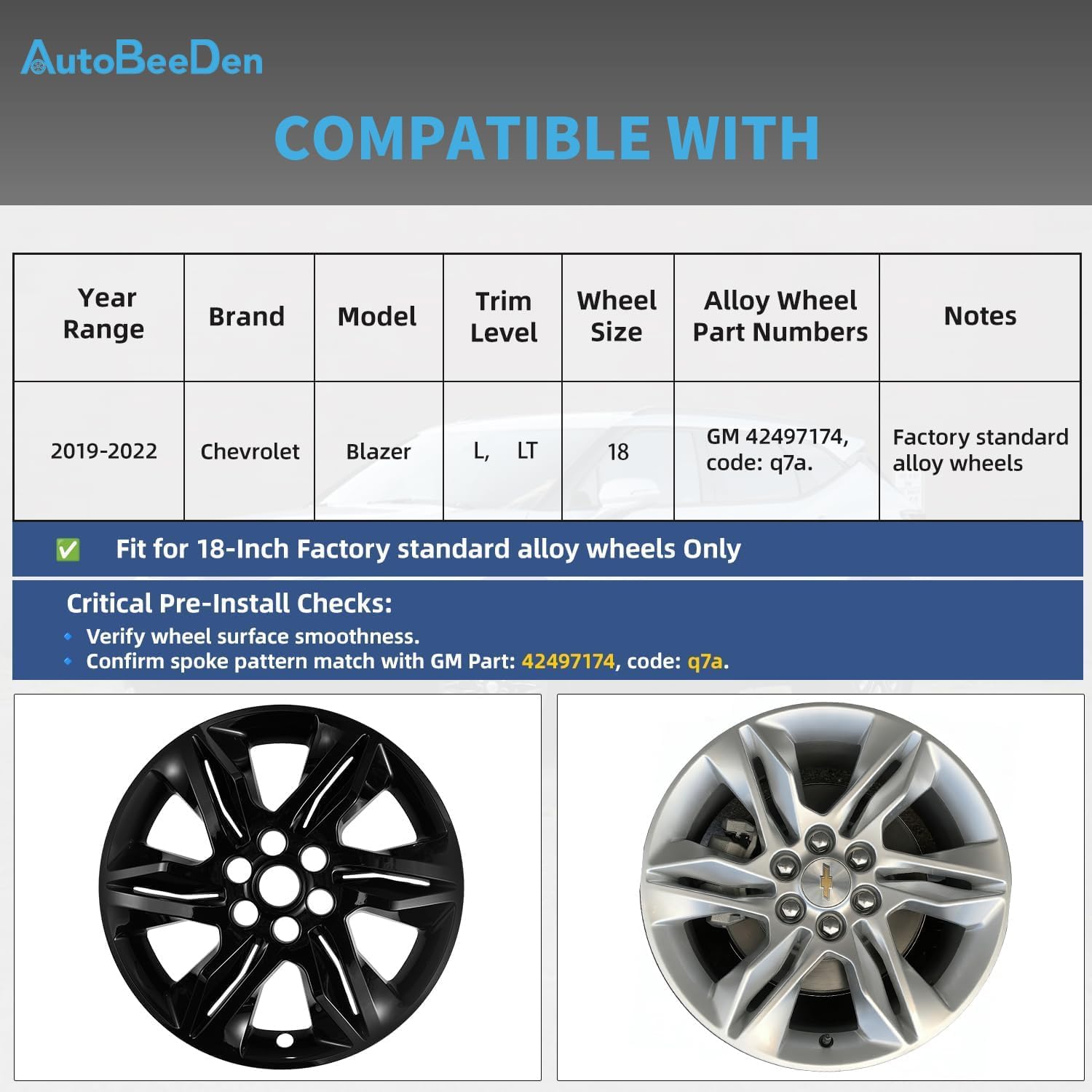 4-Pack 18 inch Wheel Skins Compatible with Chevrolet Chevy Blazer 2019 2020 2021 2022, Trim Level: L/LT, GM Wheel OE PN:42497174, Bright Black Color Wheel Cover