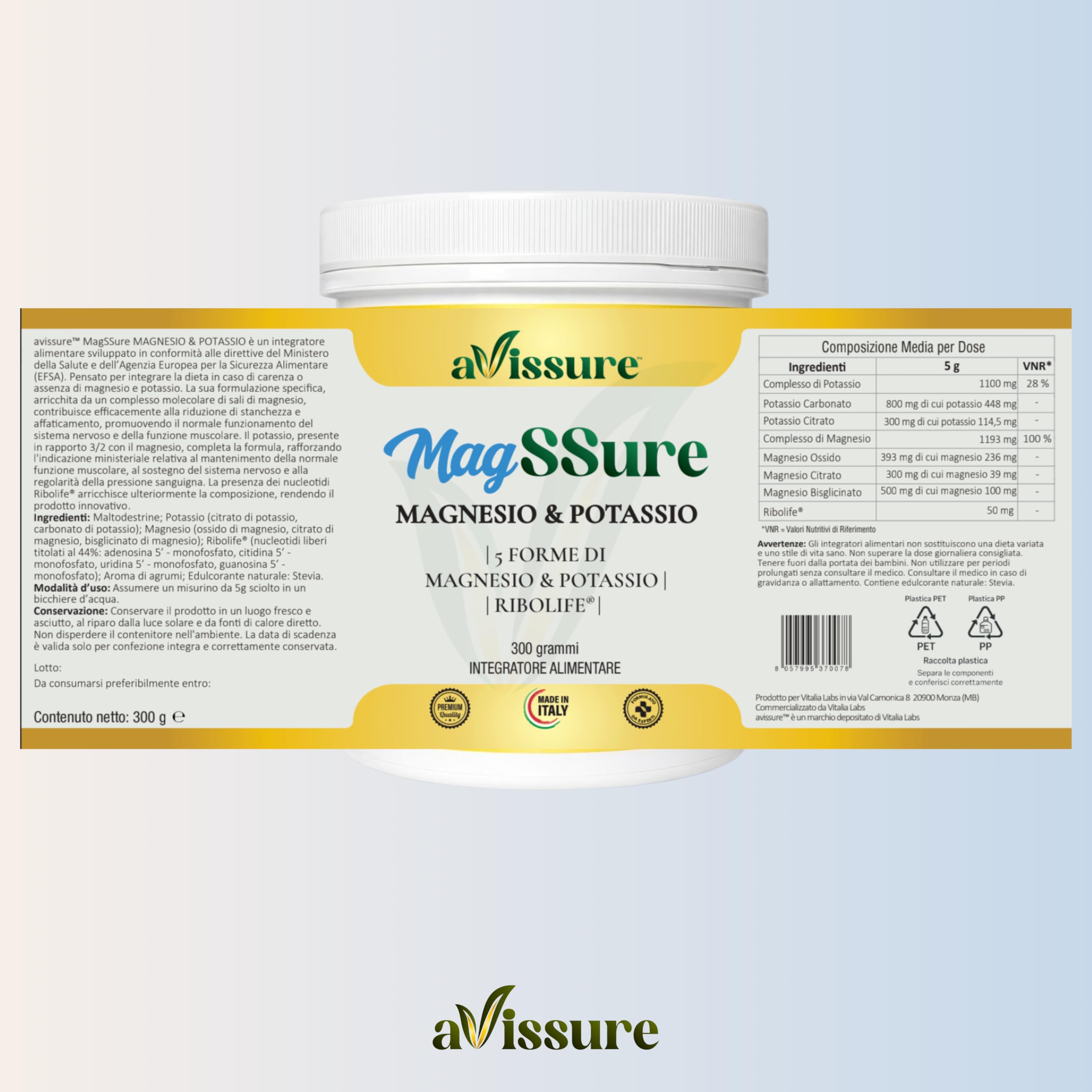 Magnesio e Potassio avissure MagSSure, Integratore Magnesio Complesso con 3 Sali Magnesio, Potassio Citrato e Carbonato 3:2, con Ribolife, Funzione Muscolare e Nervosa, Senza Lattosio, Glutine e OGM