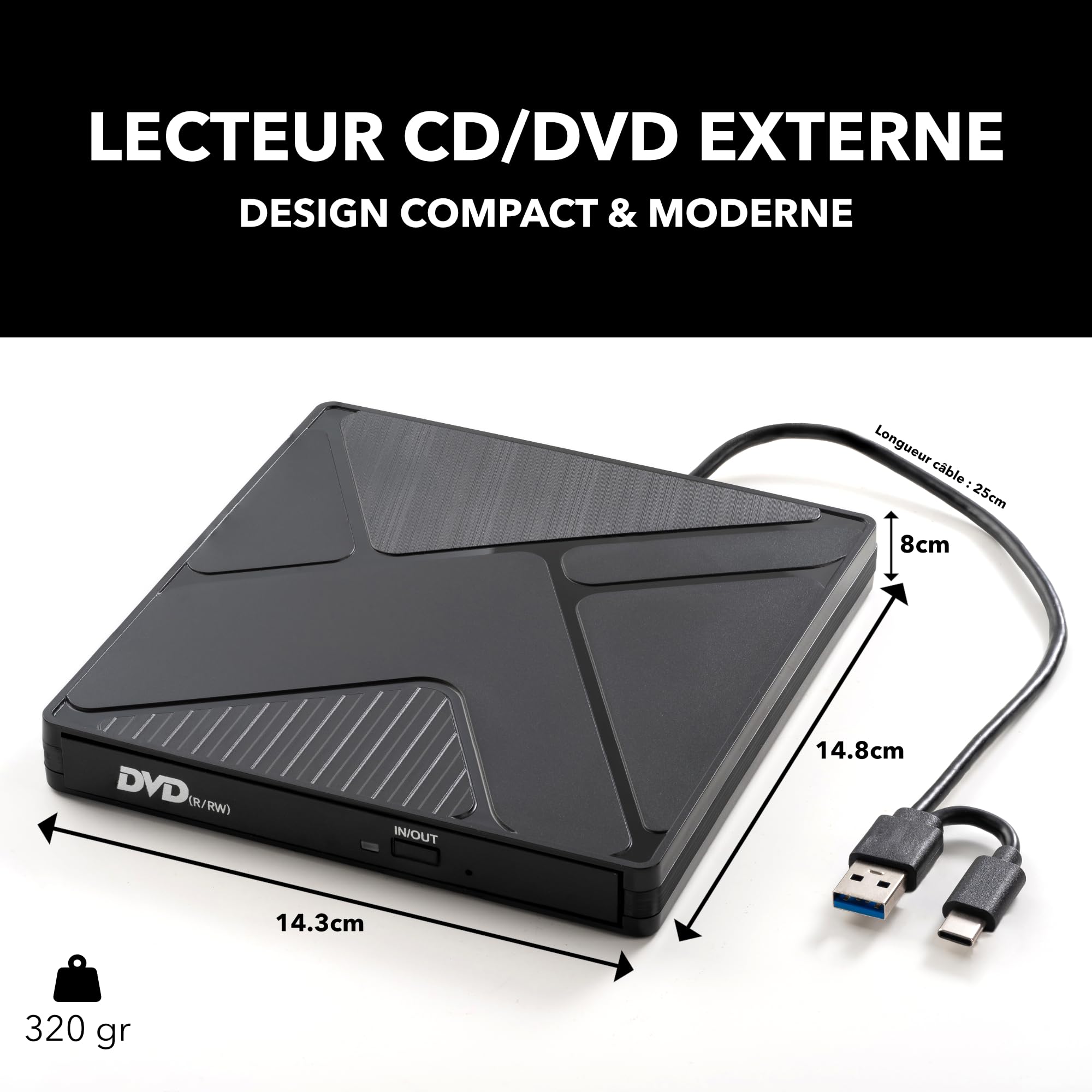 Takit Lecteur CD DVD Externe USB 3.0 & USB-C Graveur DVD Portable +/-RW Câble Intégré Compatible Windows Mac