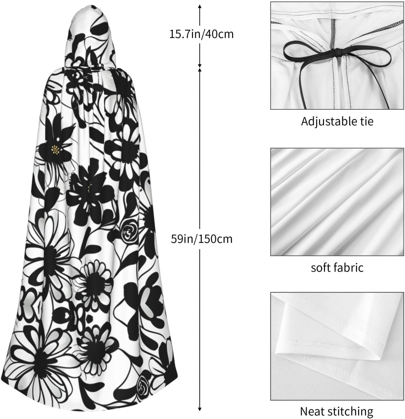 Black And White Flowers Print Men Hooded Cloak,Wizard Hooded Robe,Witch Cape Cosplay Costume Halloween Party Capes