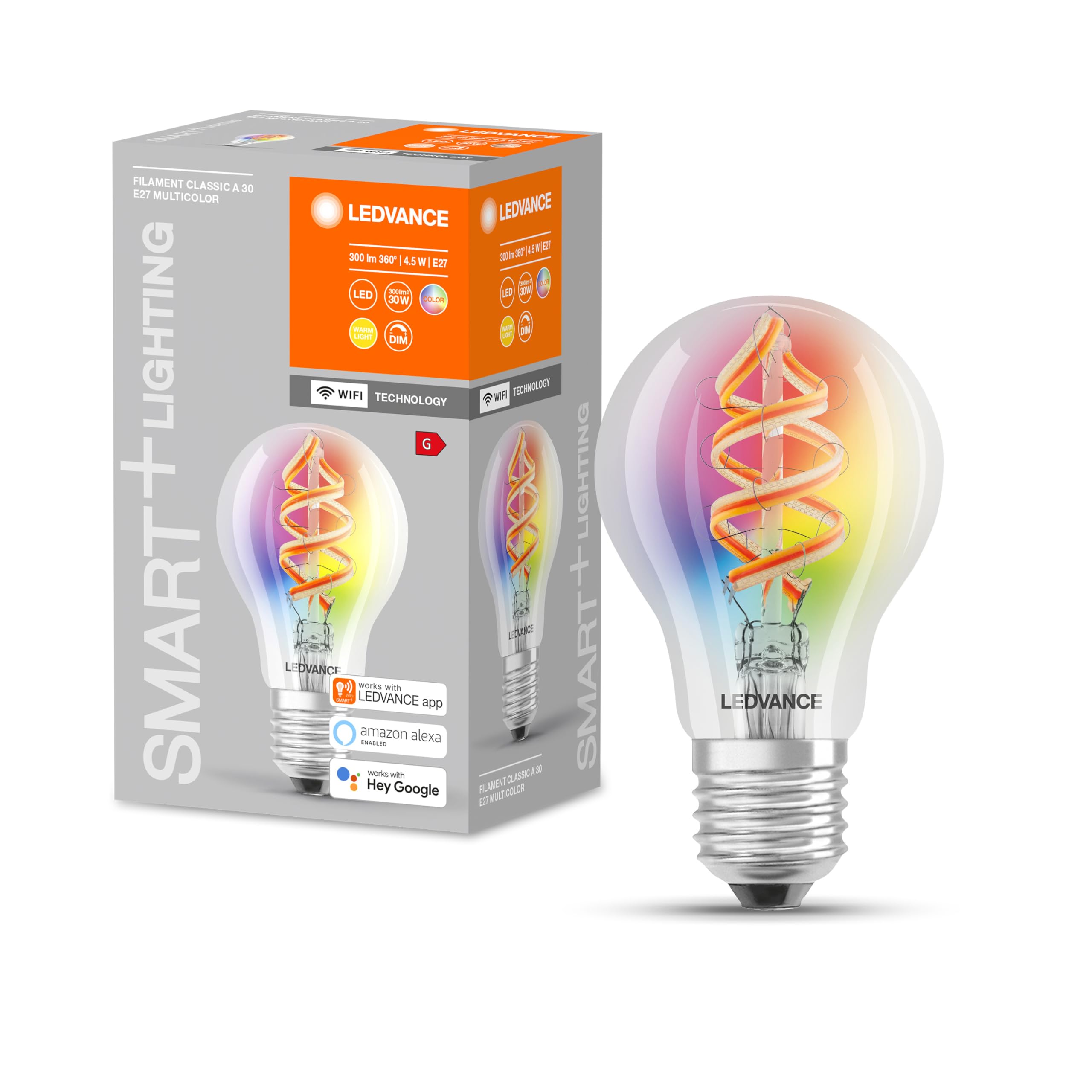 LEDVANCE Smart LED lamp with WiFi Technology, E27 Base, Dimmable, RGB Colours & Light Colour Changeable, Classic A Form, Clear, controllable with Alexa, Google & App, 1 Pack