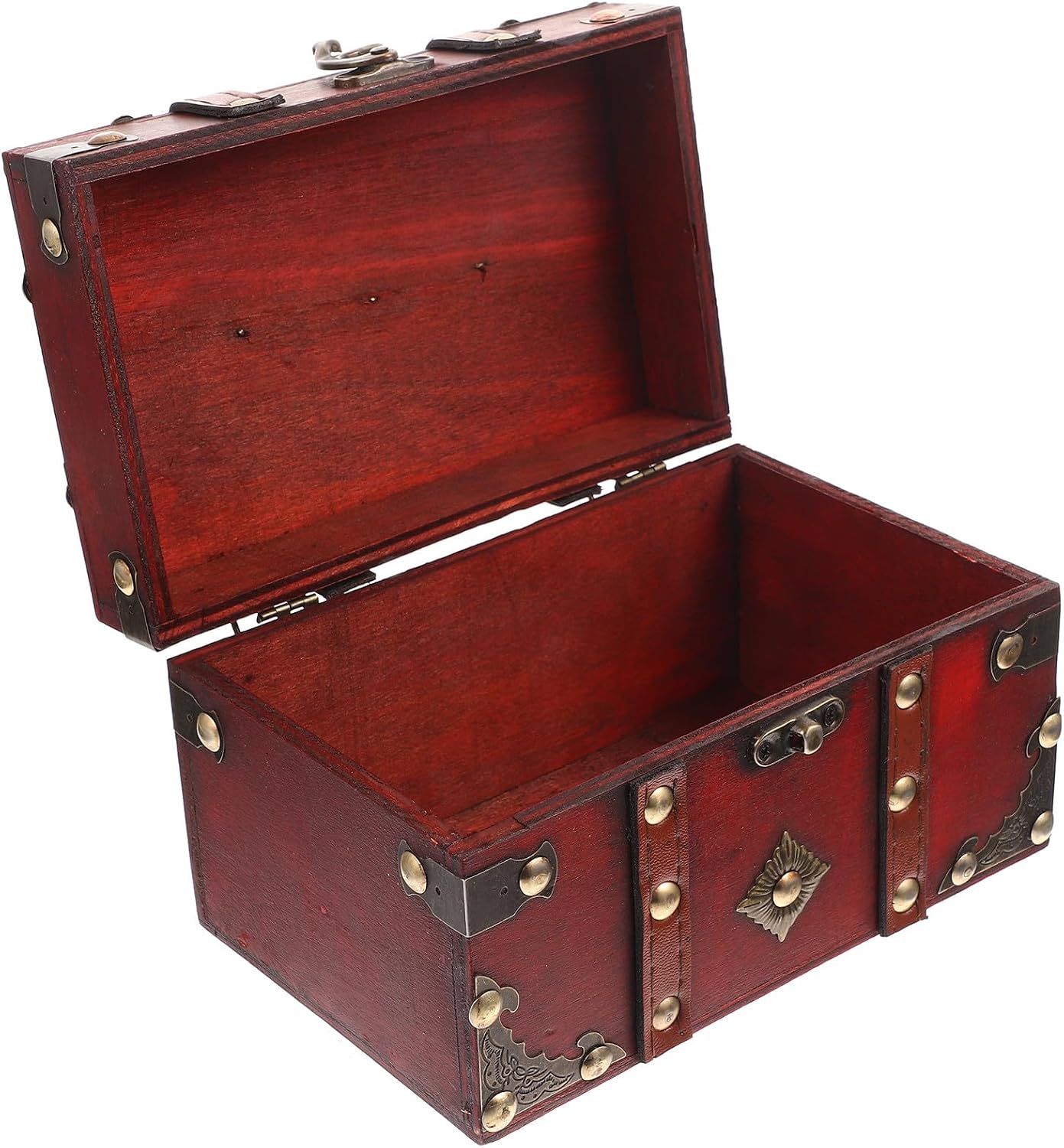 Wooden Jewelry Box with Lock Small Vintage Necklace Organizer Earring Storage Case Red Retro Decor for Bedroom