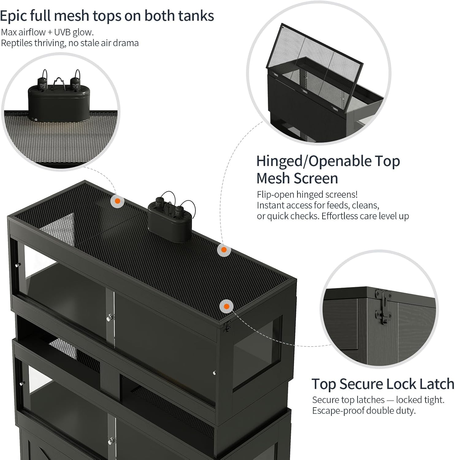Dual 60 Gallon Reptile Tank with Stand,Reptile Enclosure,Bearded Dragon Tank,Reptile Terrarium with Cabinet,Sliding Doors,Power Outlet for Snakes,Lizards,Crested Geckos Black CAGE003B