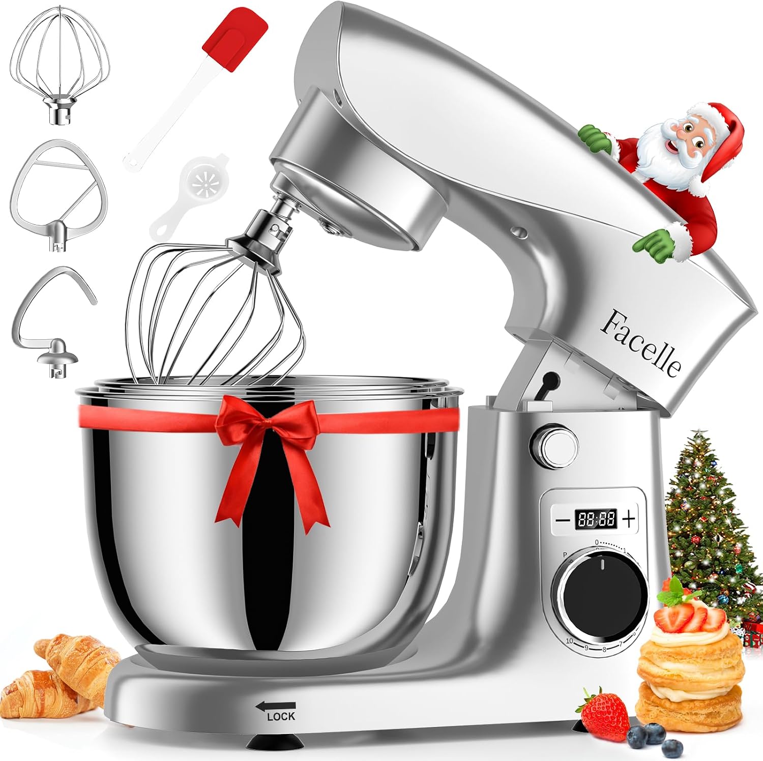 Facelle Food Processor Kneading Machine 1500 W Mixing Machine 5.5L & 4.5L Low Noise 10+P Dough Kneading Machine with Mixing Hook Dough Hook Whisk and Splash Guard
