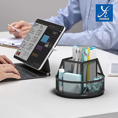 Miniatura 6 de YINGHUA Organizador de escritorio de malla metálica con 5 compartimentos y soporte giratorio para lápices y organizador de artículos de papelería