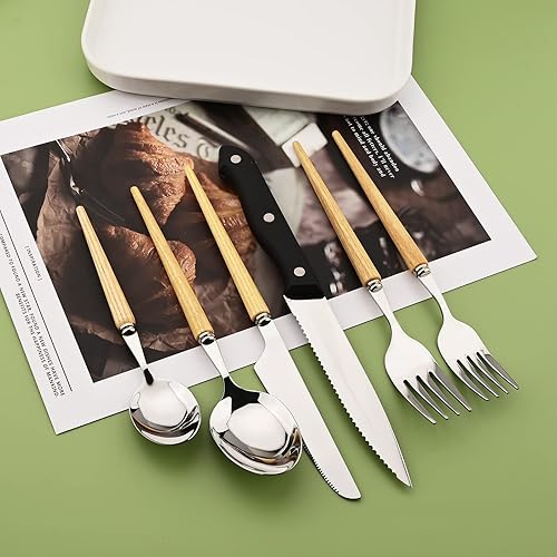 Miniatura 10 de Juego de cubiertos de acero inoxidable para 4 Uniturcky 24 piezas con cuchillos para carne, juego de cubiertos con mango de madera para el hogar,