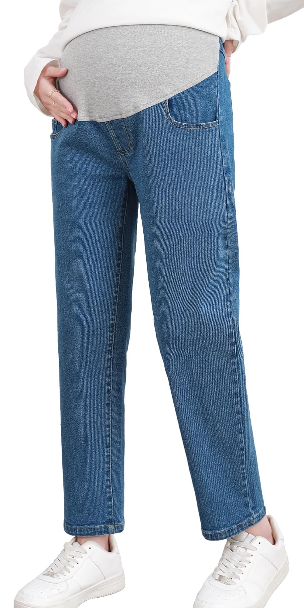 FEOYA - Jean De Grossesse Femme Taille Élastique | Coupe Droite Stretch Confort | Pantalon Maternité Décontracté