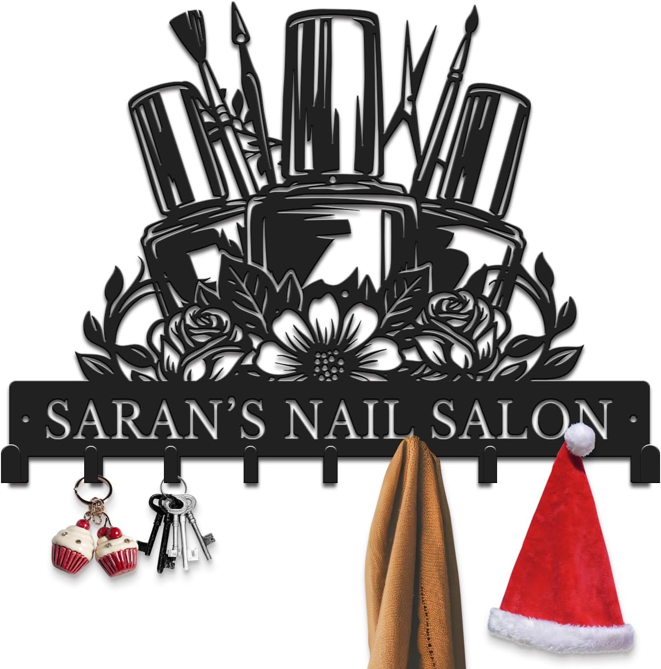 Personalized Nail Tech Metal Wall Art with Hook, Custom Salon Name and Tool Design, Functional Manicure Station Decor for Studio and Reception (Style-1)