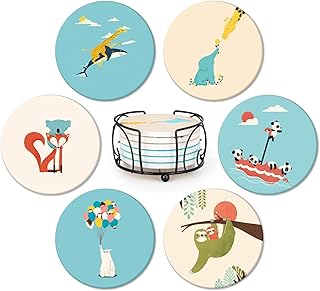 漫画の動物コースター 珪藻土 6点セット 濡れないコースター 子供の贈り物 ックトレイ、断熱パッド 吸水速乾 調湿 保護コルク裏面 簡約美観 のスタイル 男の子、女の子 円型